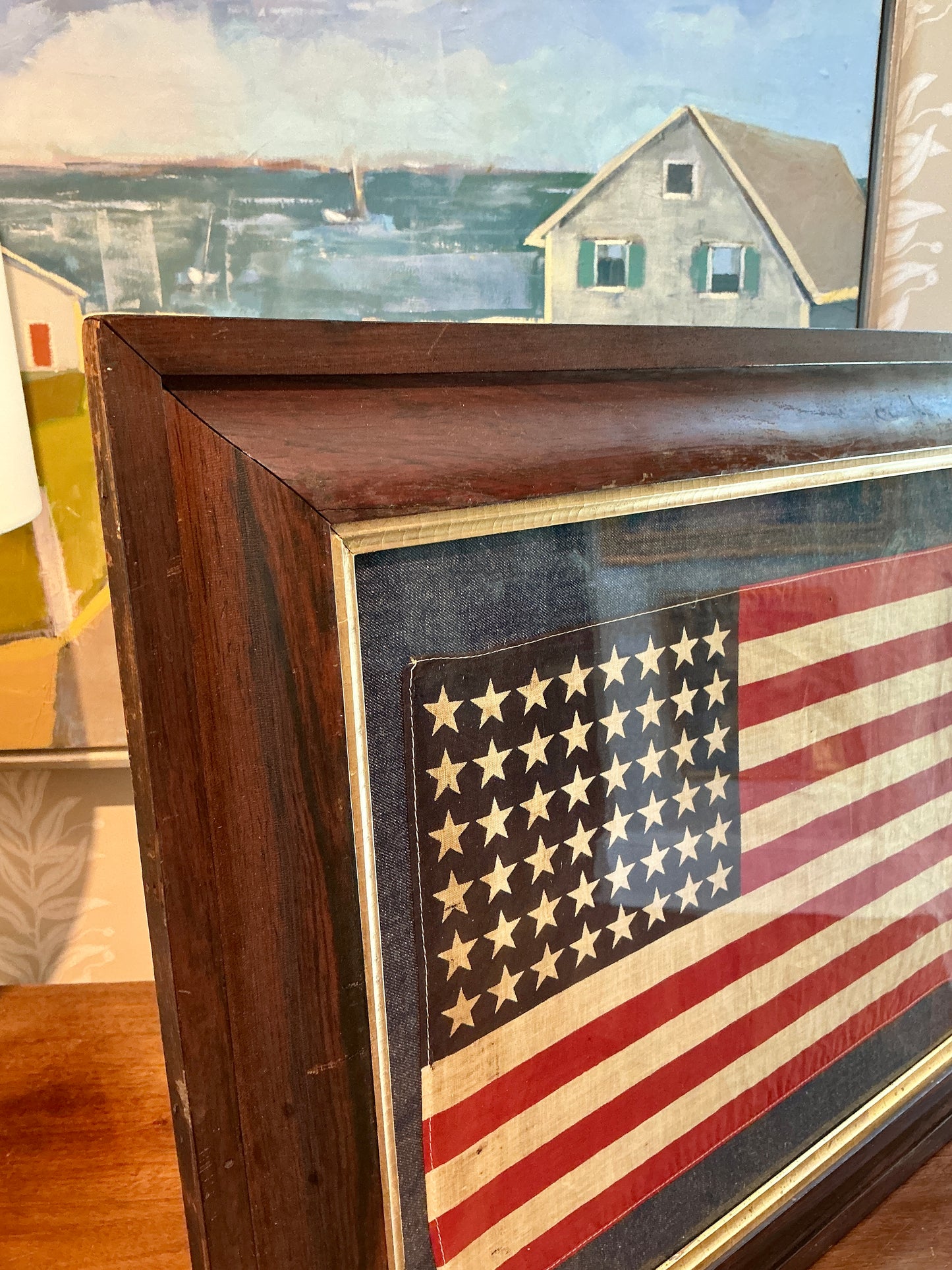 Vintage 48 Star American Flag on Dark Chambray in Antique Walnut Frame with Gilded Liner