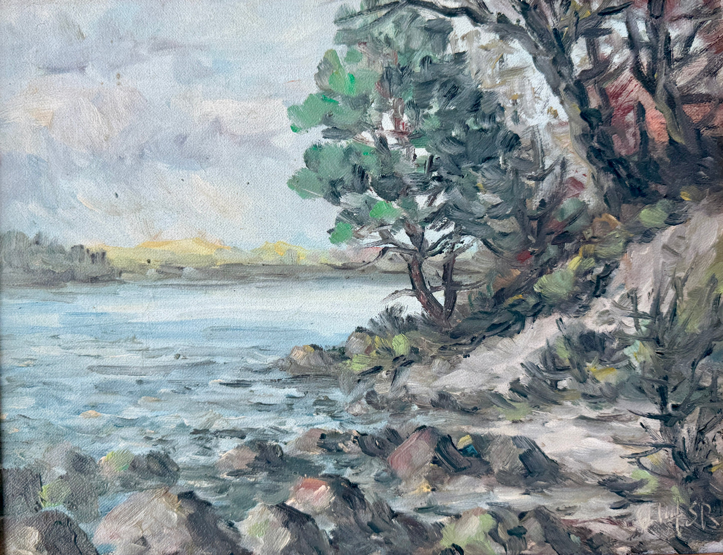 Vintage Impressionist Rocky Coastal Landscape Oil Painting in Gold Frame
