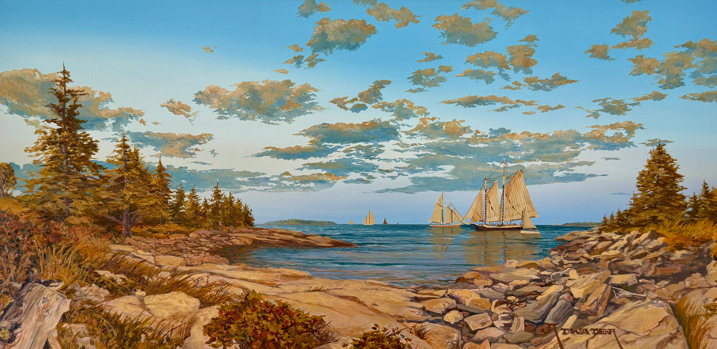John Atwater West Shore Sailboats in New England Seascape Alkyd Painting in Gold Frame