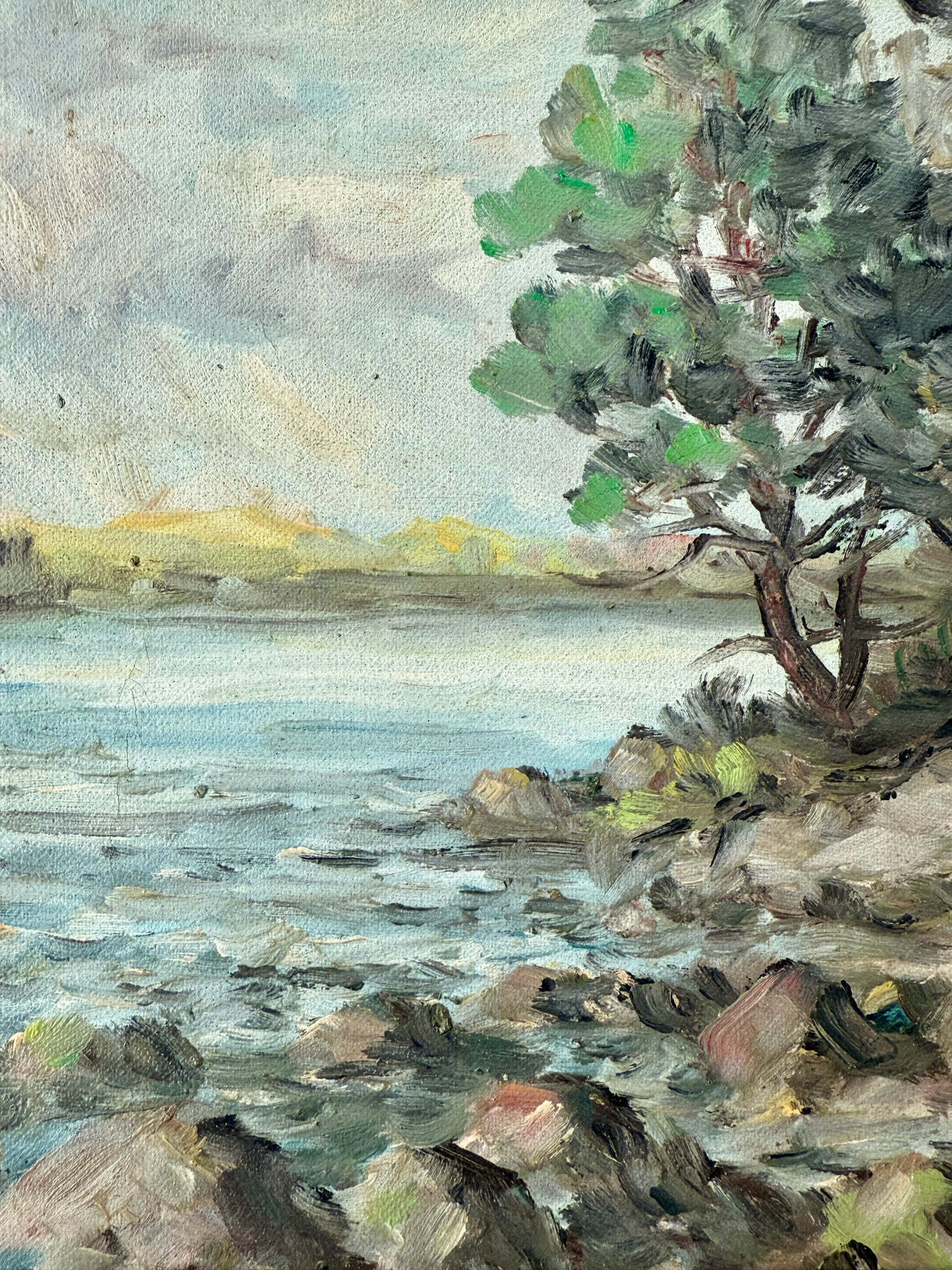 Vintage Impressionist Rocky Coastal Landscape Oil Painting in Gold Frame