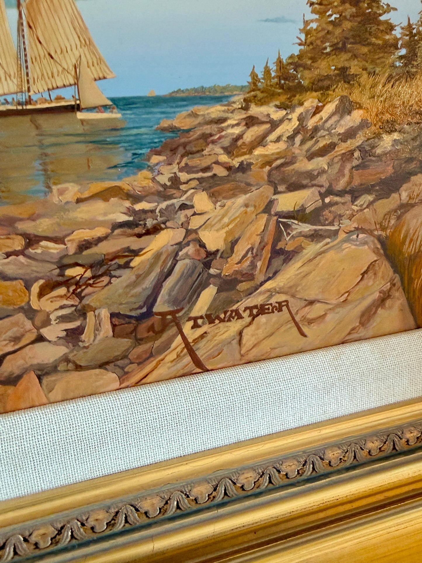 John Atwater West Shore Sailboats in New England Seascape Alkyd Painting in Gold Frame