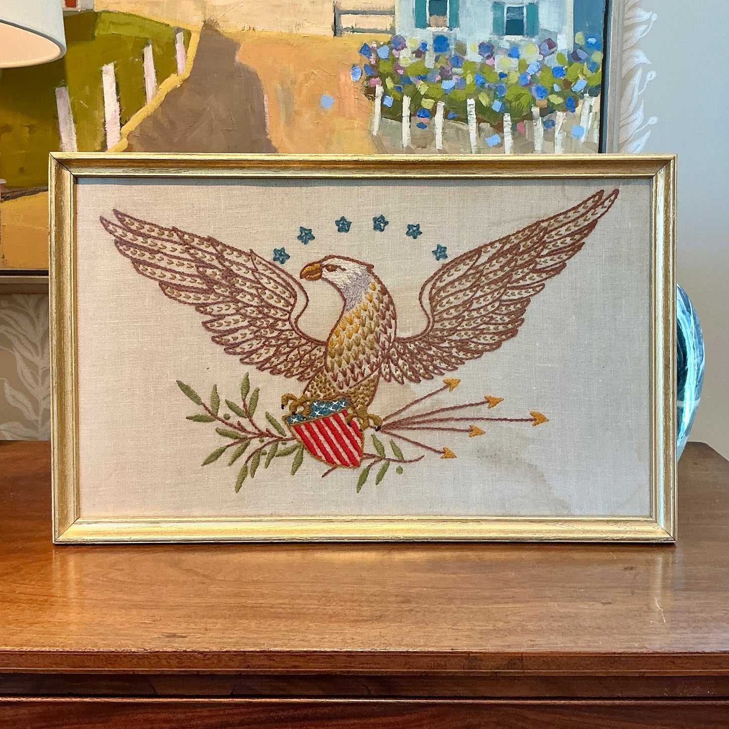 Vintage Bald Eagle Linen Americana Embroidery in Gold Frame