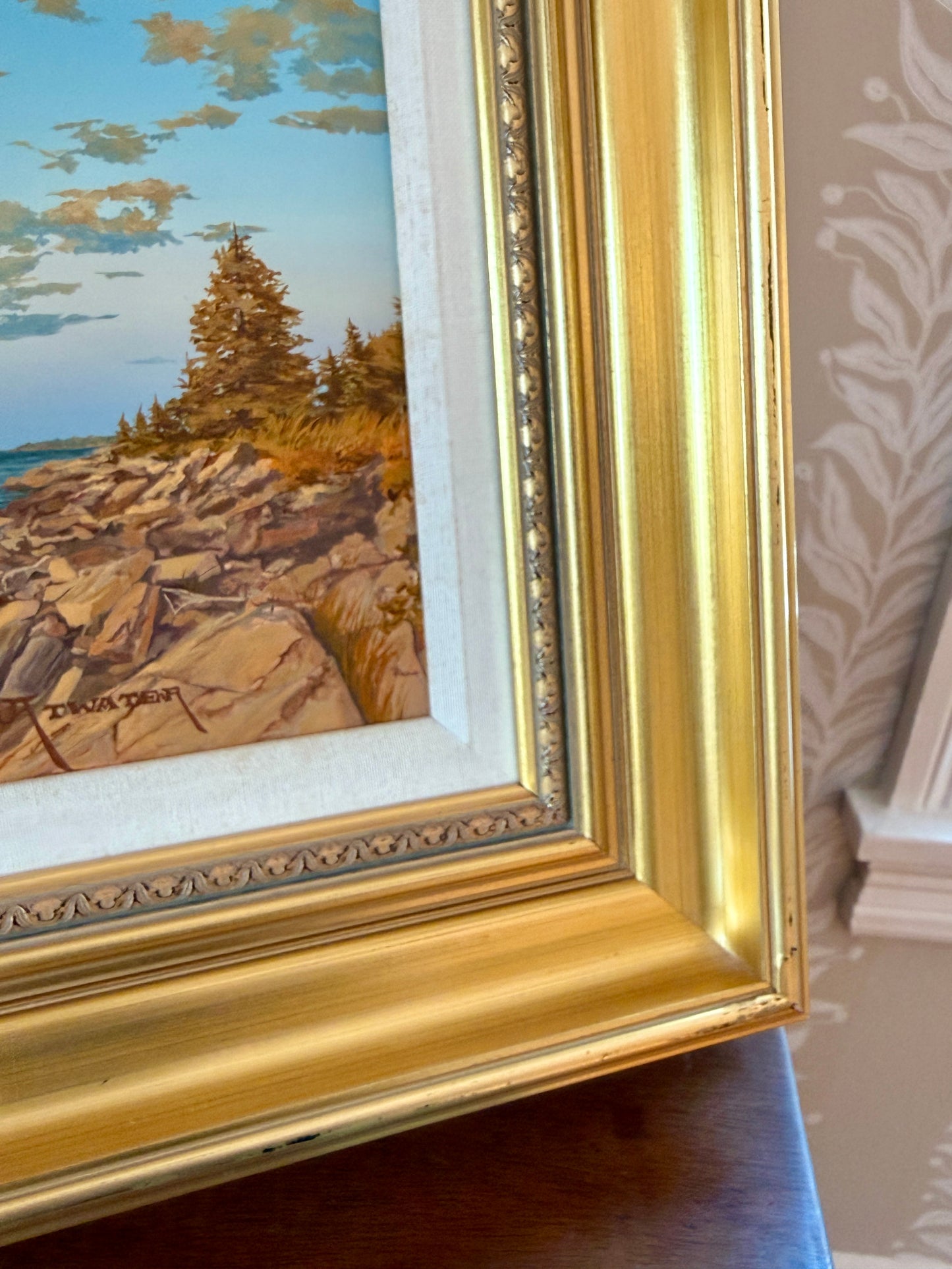 John Atwater West Shore Sailboats in New England Seascape Alkyd Painting in Gold Frame