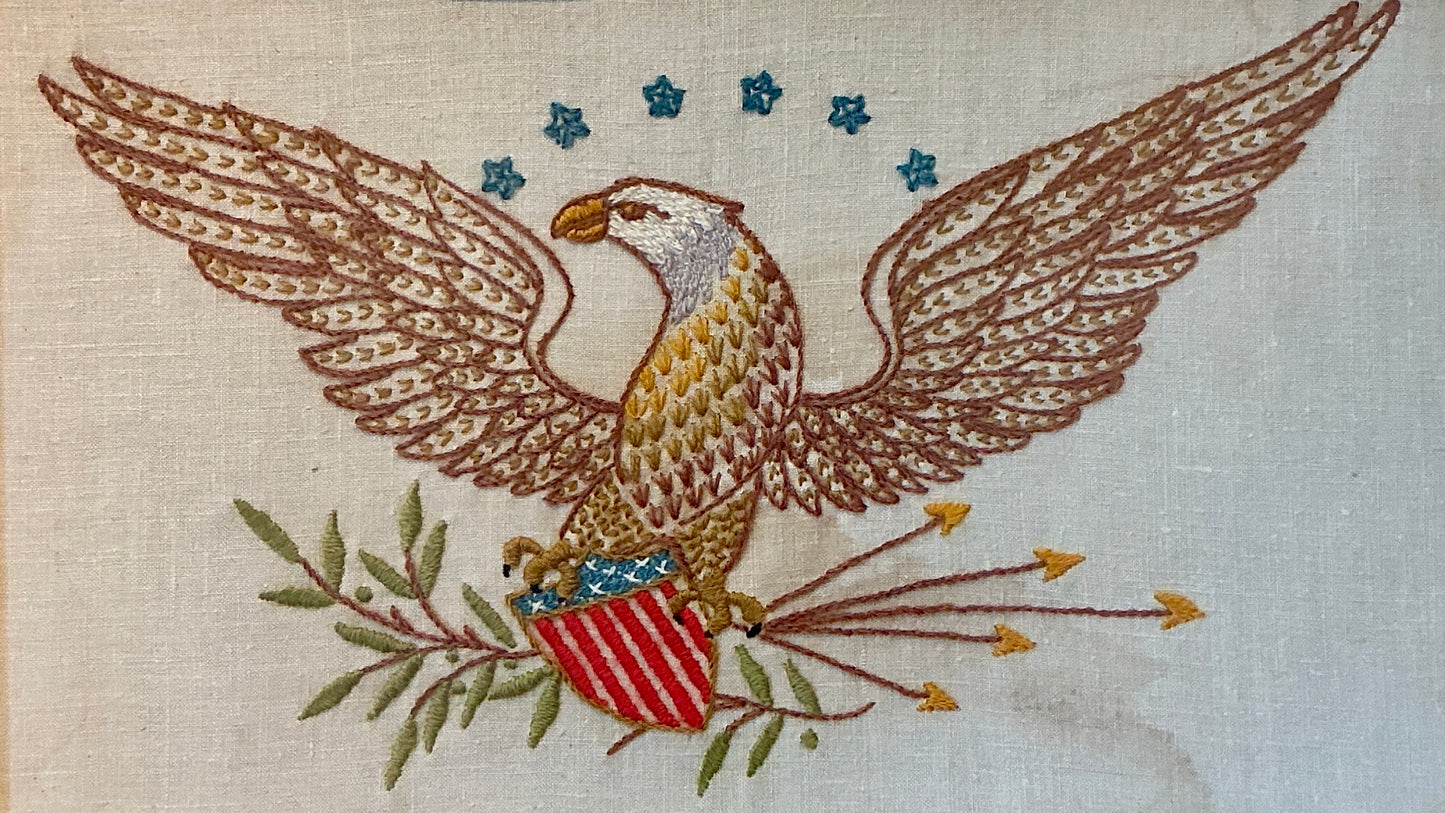 Vintage Bald Eagle Linen Americana Embroidery in Gold Frame