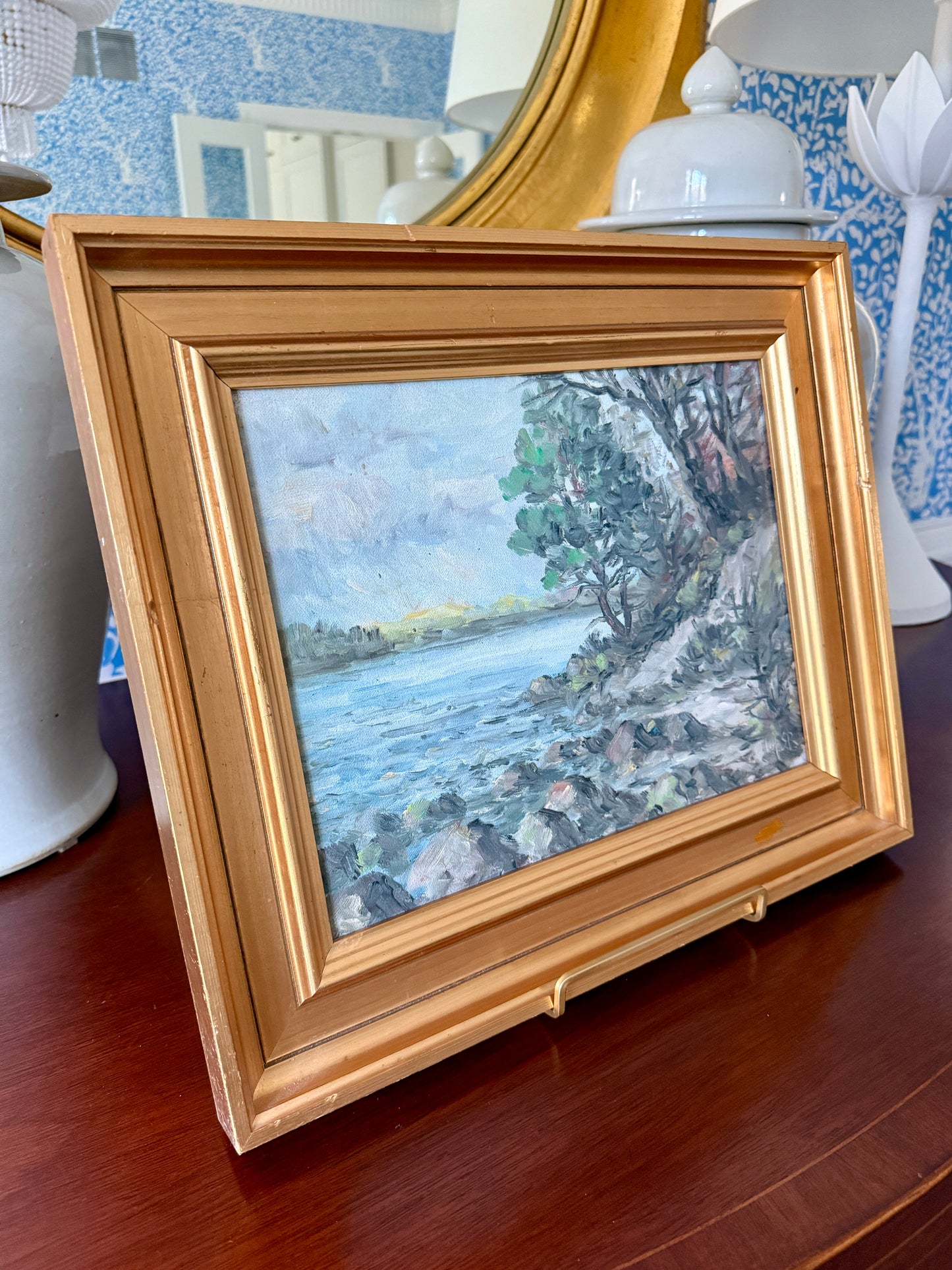 Vintage Impressionist Rocky Coastal Landscape Oil Painting in Gold Frame