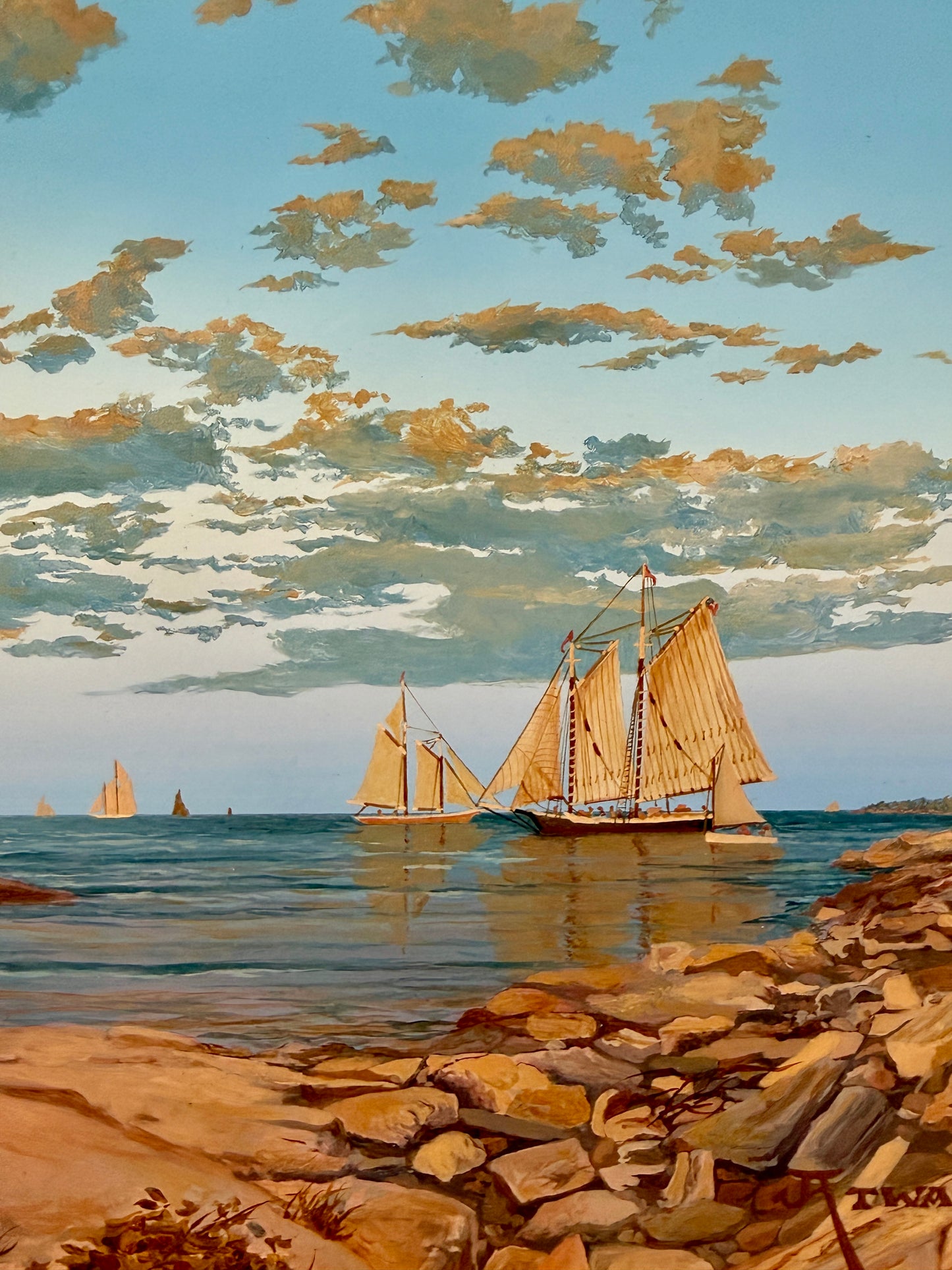 John Atwater West Shore Sailboats in New England Seascape Alkyd Painting in Gold Frame