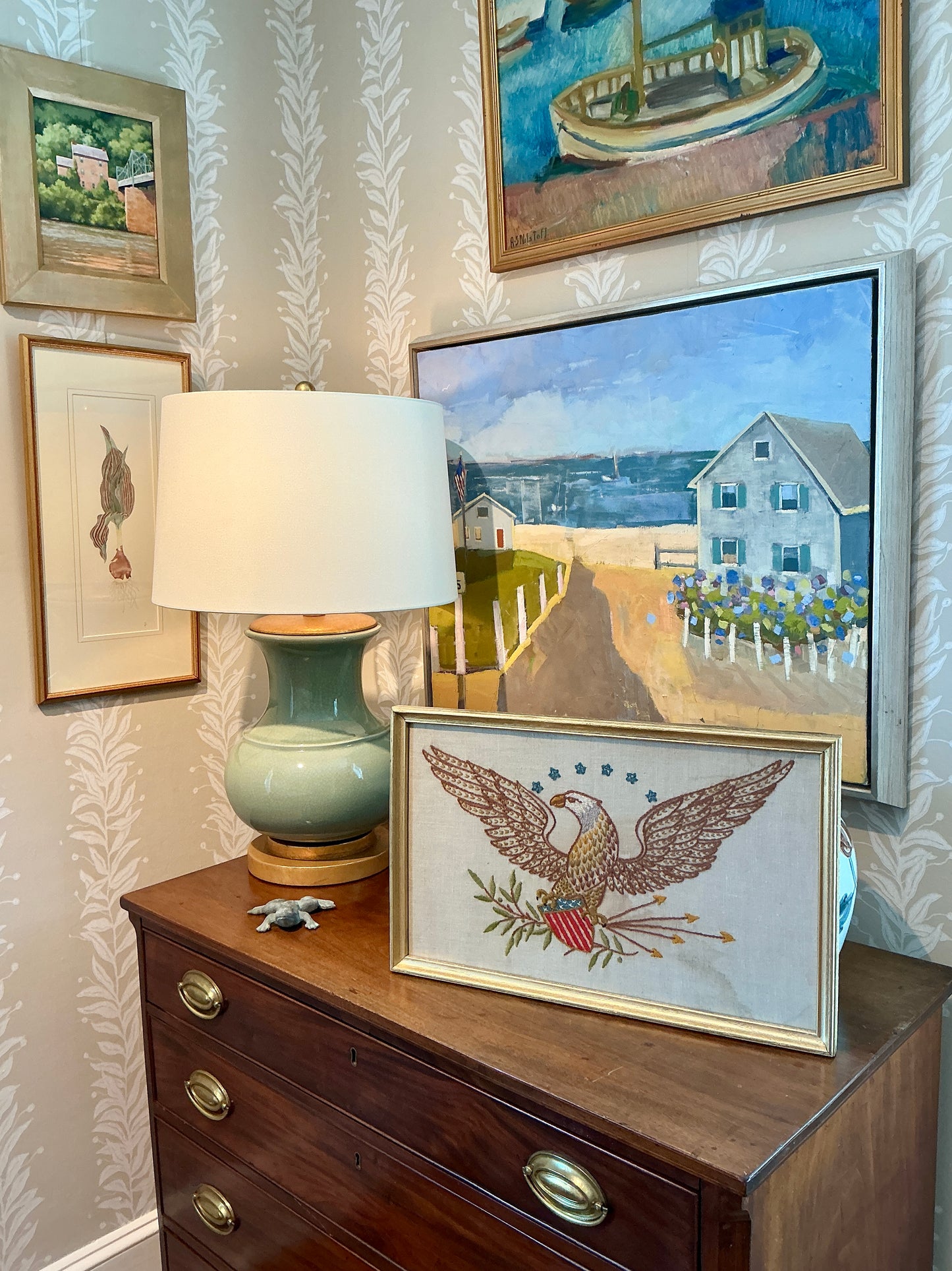 Vintage Bald Eagle Linen Americana Embroidery in Gold Frame