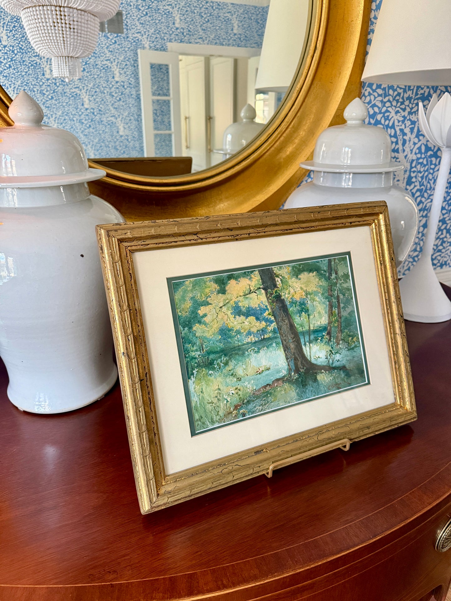 Sunny Place in the Woods Verdant Forest Landscape Watercolor Painting in Gold Frame