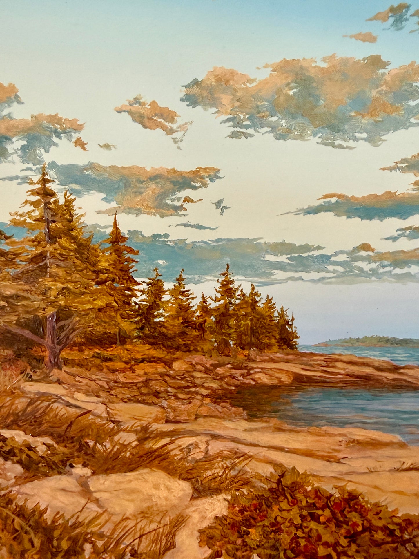John Atwater West Shore Sailboats in New England Seascape Alkyd Painting in Gold Frame