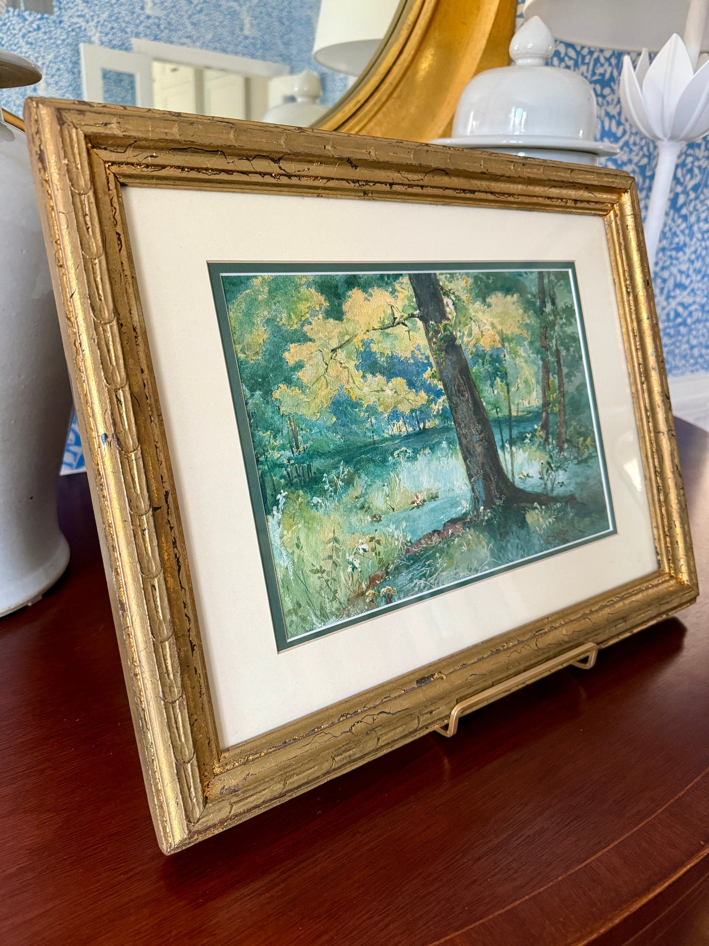 Sunny Place in the Woods Verdant Forest Landscape Watercolor Painting in Gold Frame