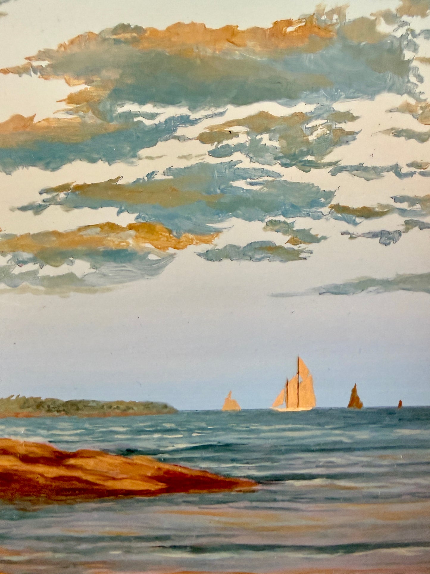 John Atwater West Shore Sailboats in New England Seascape Alkyd Painting in Gold Frame
