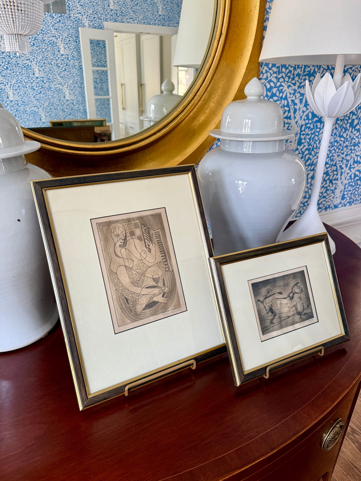 Set of Two Ellen McCarthy Engravings Female Nude Portrait and Dog in Wood and Gold Frames