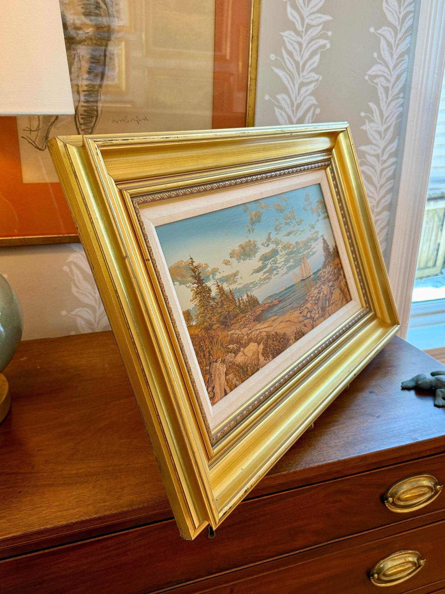John Atwater West Shore Sailboats in New England Seascape Alkyd Painting in Gold Frame
