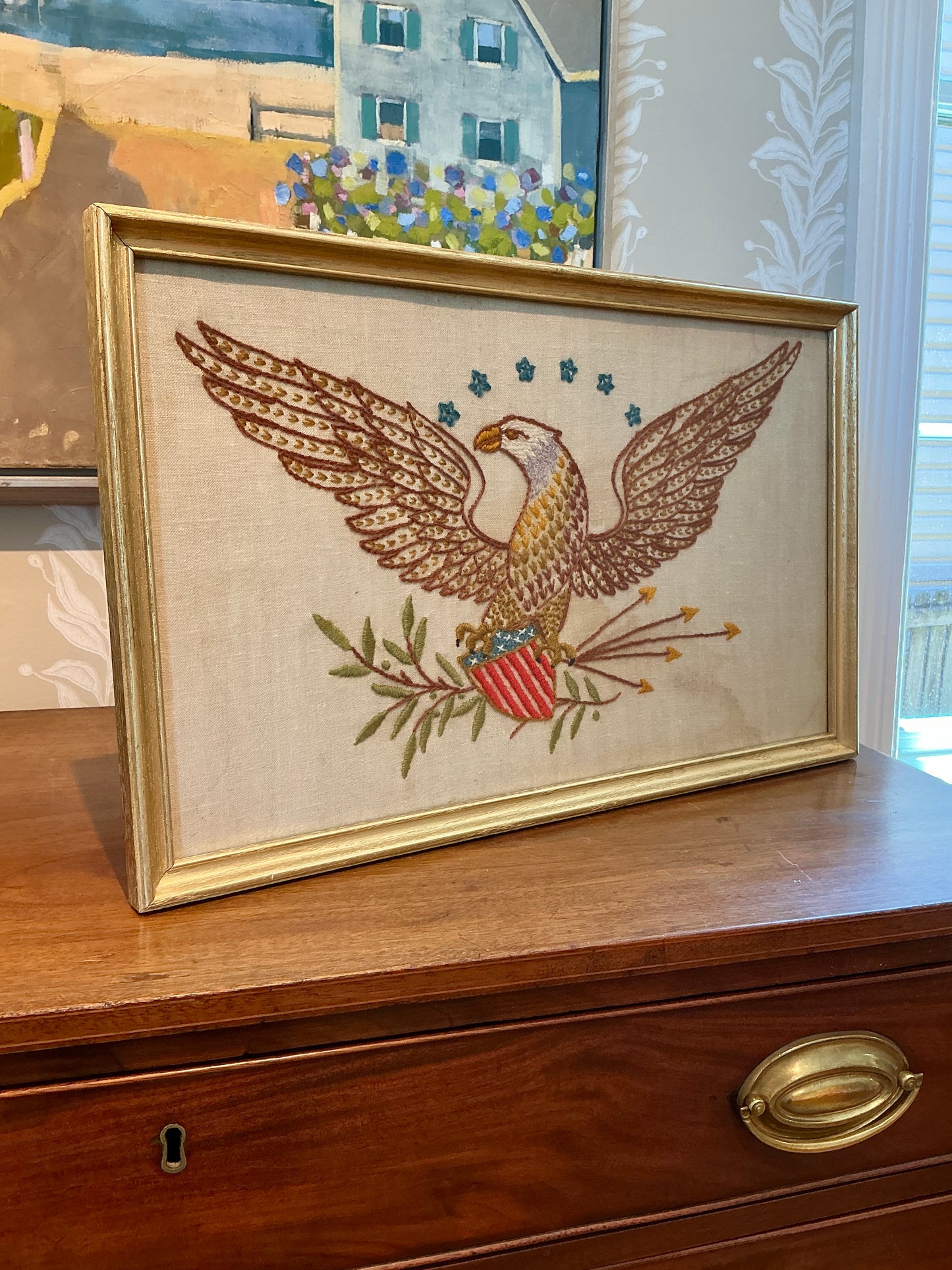 Vintage Bald Eagle Linen Americana Embroidery in Gold Frame