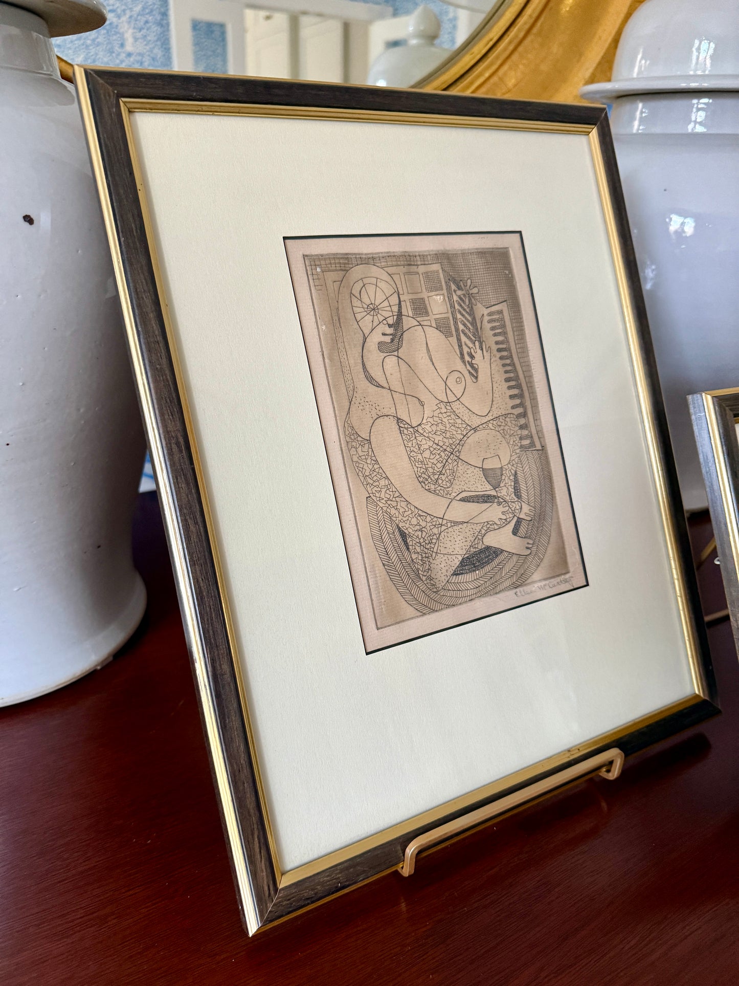 Set of Two Ellen McCarthy Engravings Female Nude Portrait and Dog in Wood and Gold Frames