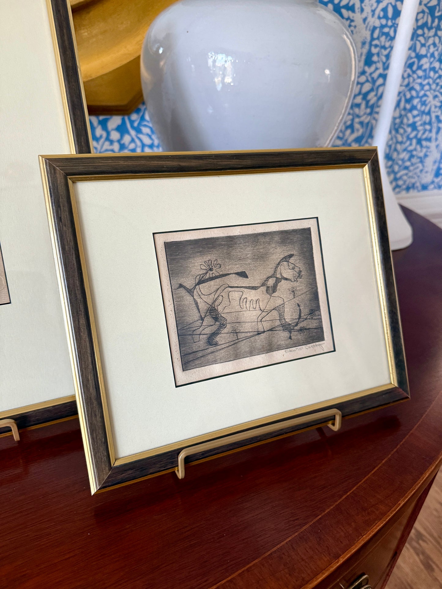 Set of Two Ellen McCarthy Engravings Female Nude Portrait and Dog in Wood and Gold Frames