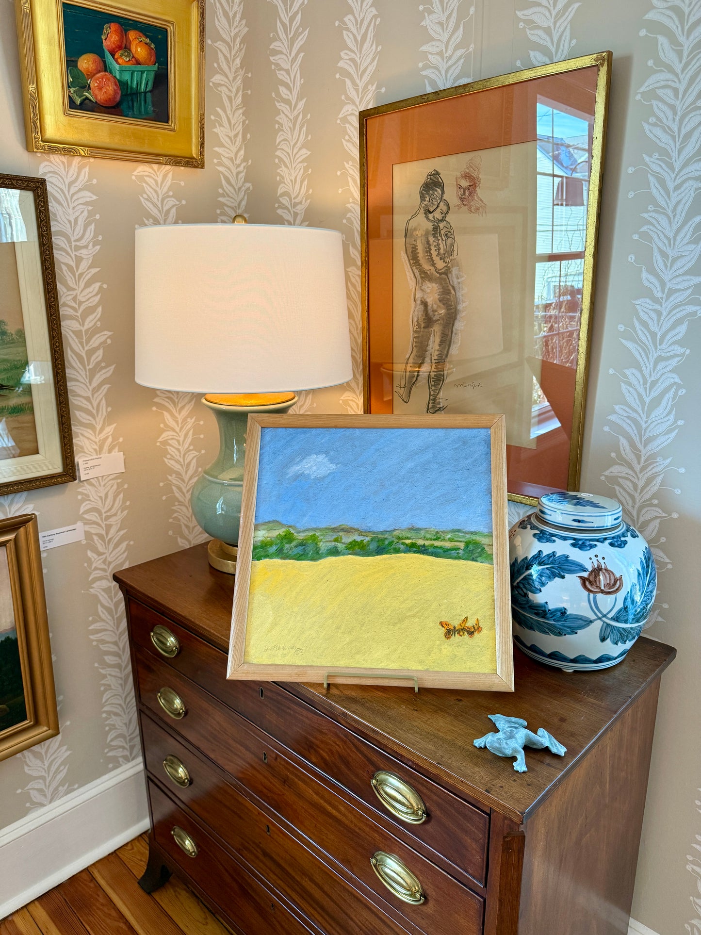 Vintage Summertime Tortoiseshell Butterfly Pair in Landscape Oil Painting in Wood Frame