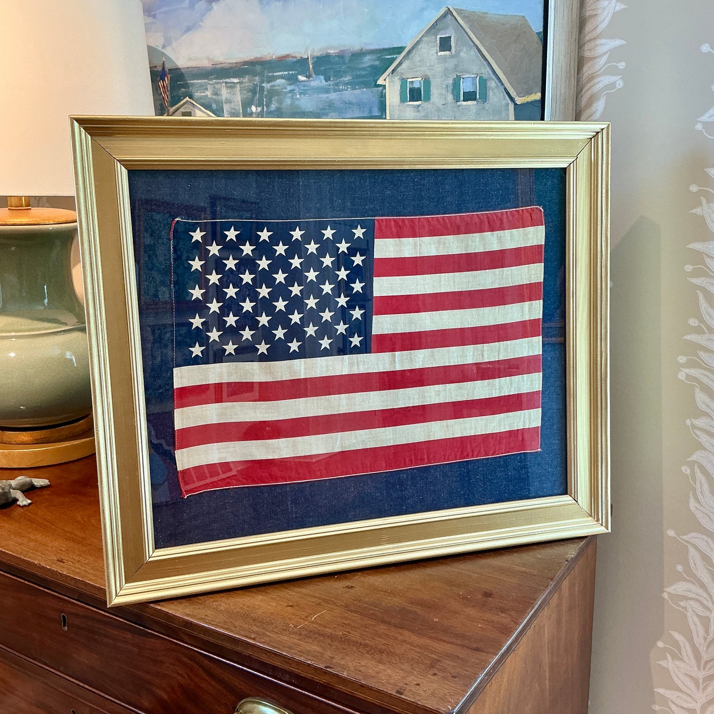 Vintage 50 Star American Flag on Dark Chambray in Gold Frame