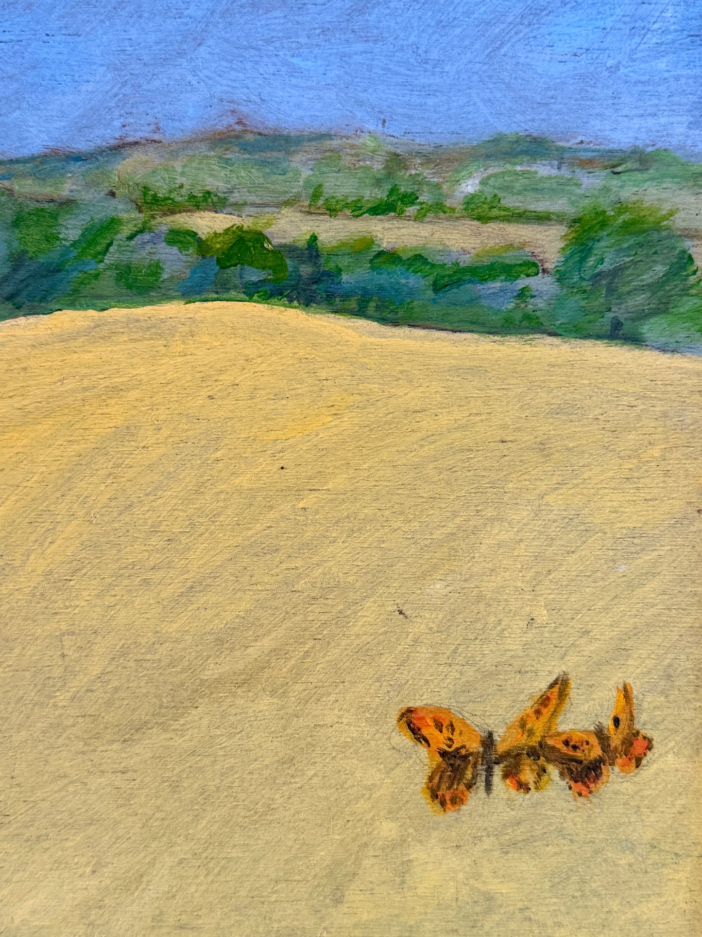 Vintage Summertime Tortoiseshell Butterfly Pair in Landscape Oil Painting in Wood Frame