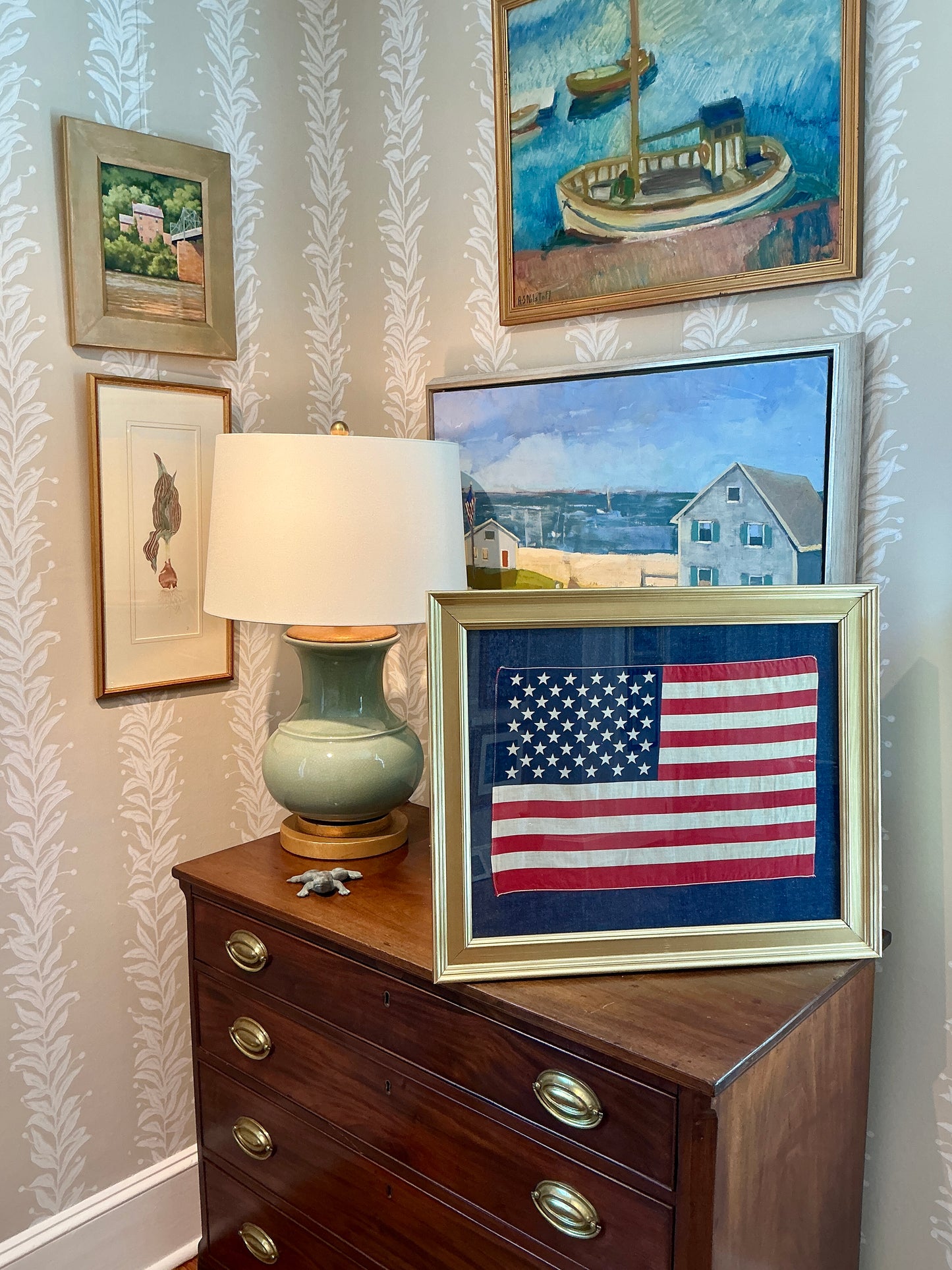 Vintage 50 Star American Flag on Dark Chambray in Gold Frame
