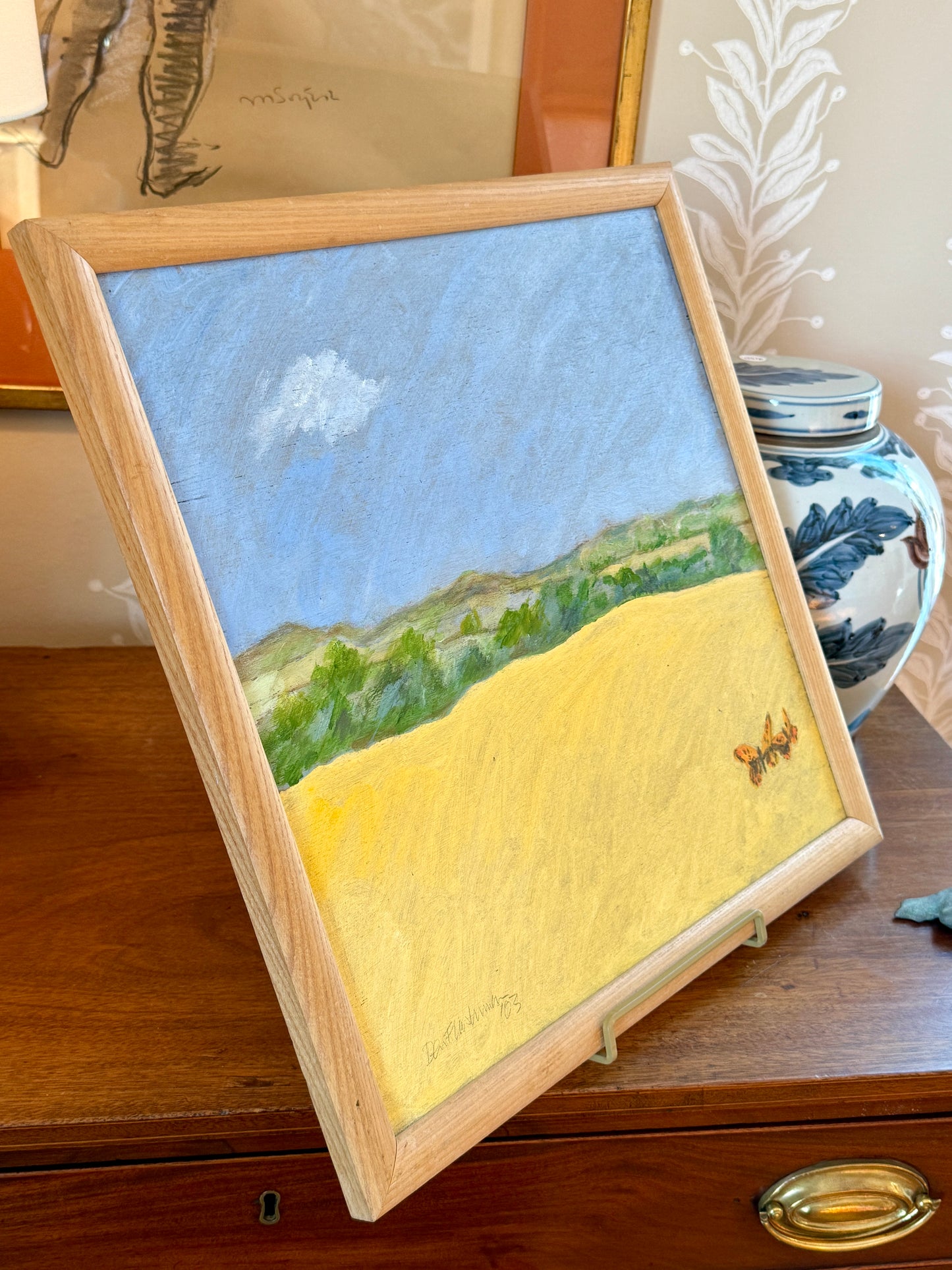 Vintage Summertime Tortoiseshell Butterfly Pair in Landscape Oil Painting in Wood Frame
