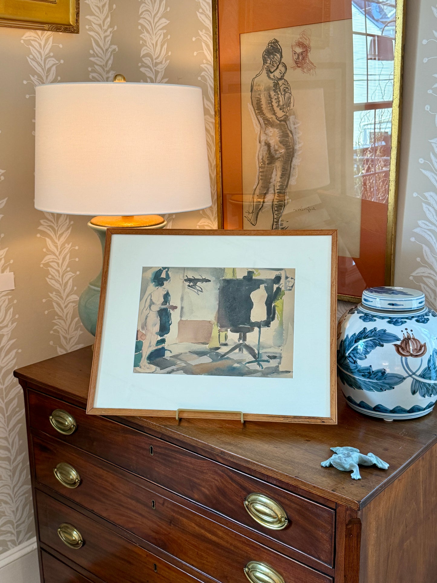 Willem Kouwer Boomkens Mid Century Watercolour of a Fashion Studio Atelier in Wood Frame