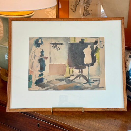 Willem Kouwer Boomkens Mid Century Watercolour of a Fashion Studio Atelier in Wood Frame