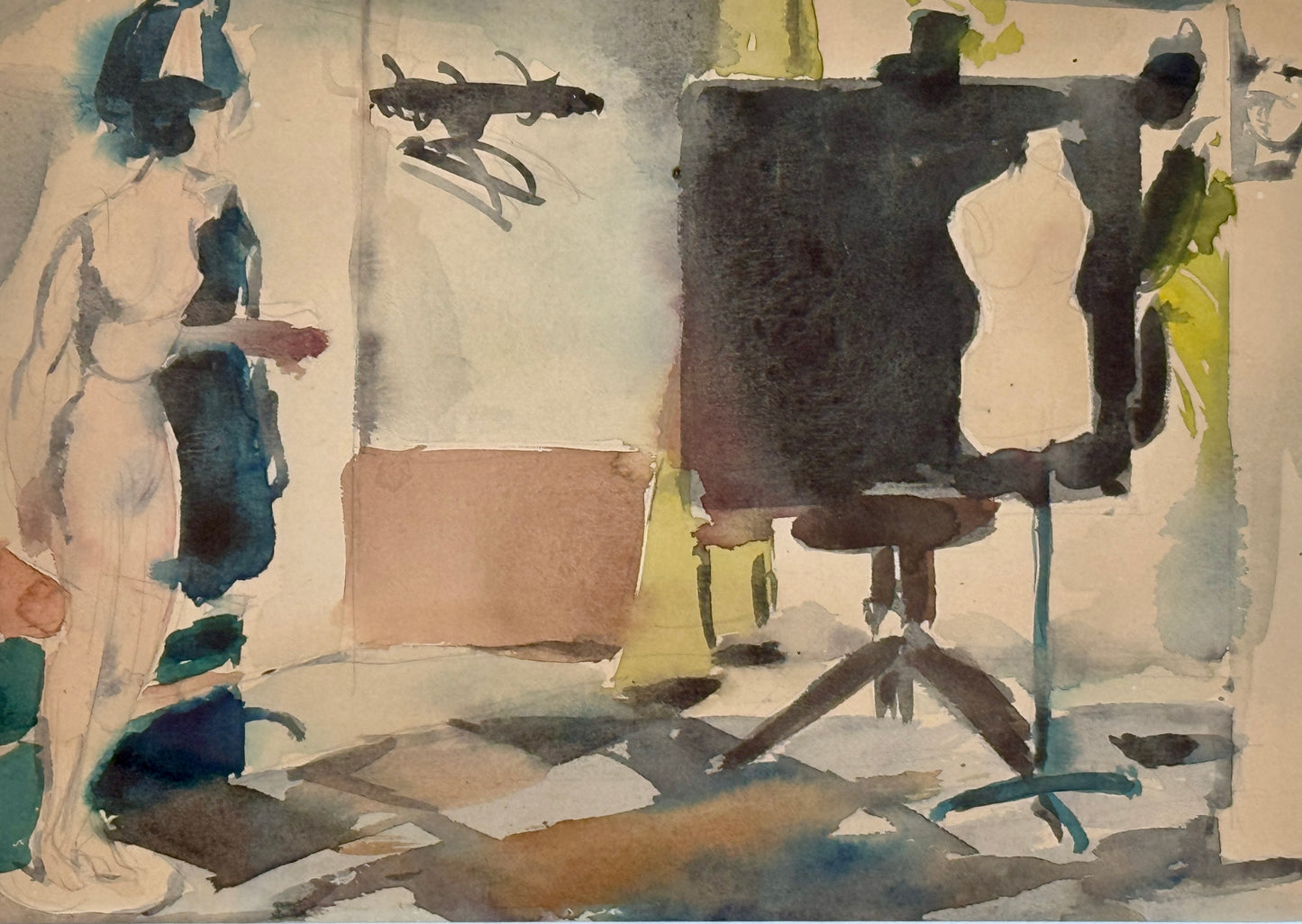 Willem Kouwer Boomkens Mid Century Watercolour of a Fashion Studio Atelier in Wood Frame