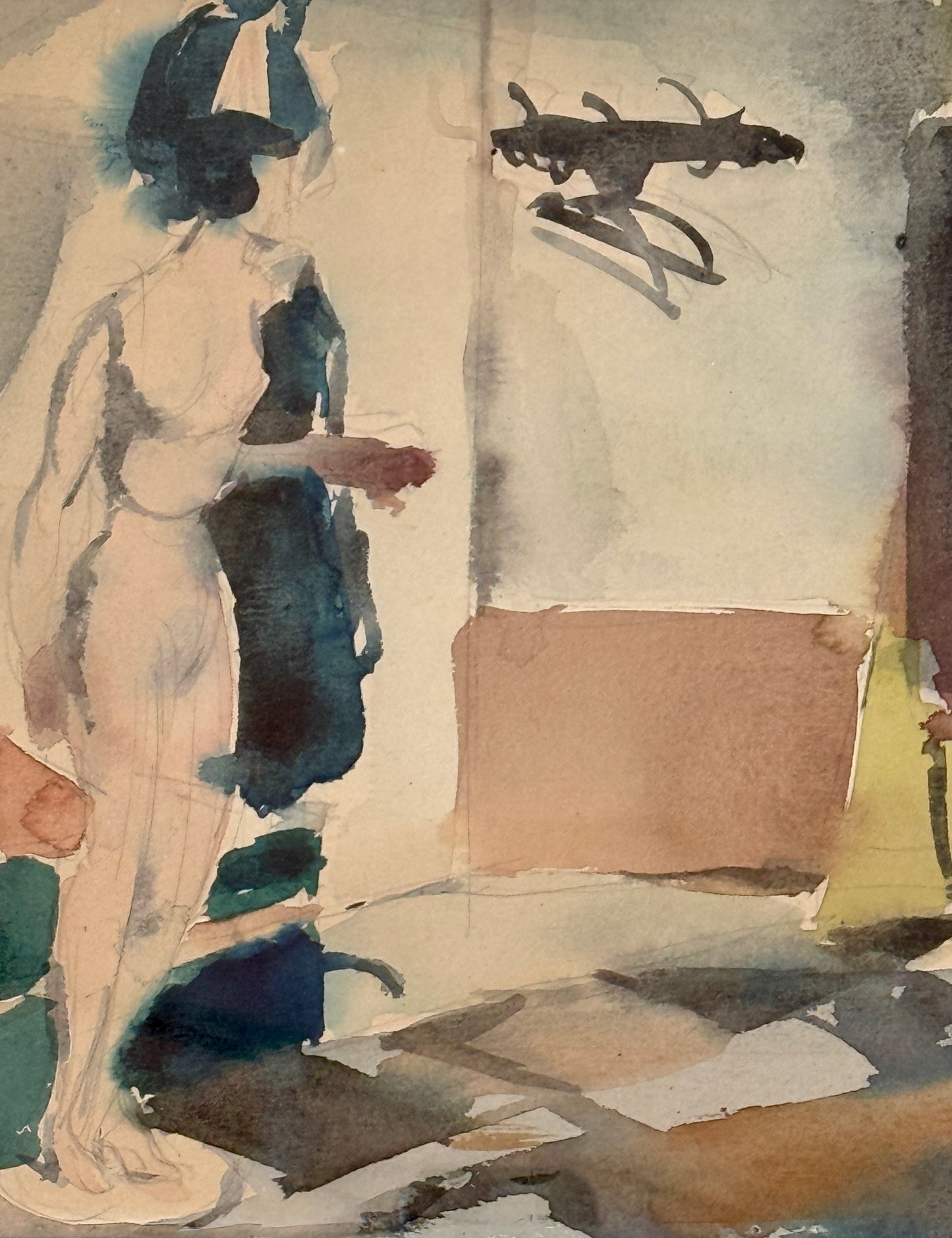 Willem Kouwer Boomkens Mid Century Watercolour of a Fashion Studio Atelier in Wood Frame