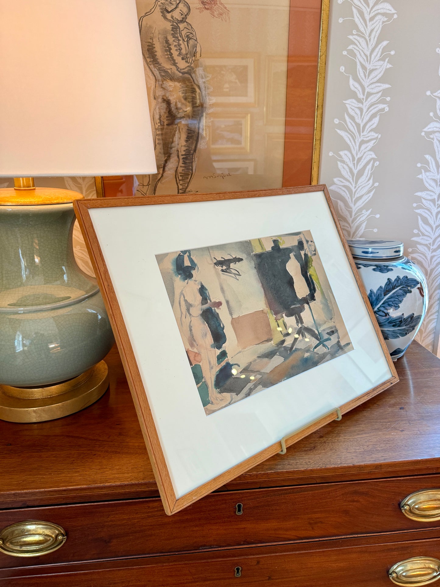 Willem Kouwer Boomkens Mid Century Watercolour of a Fashion Studio Atelier in Wood Frame