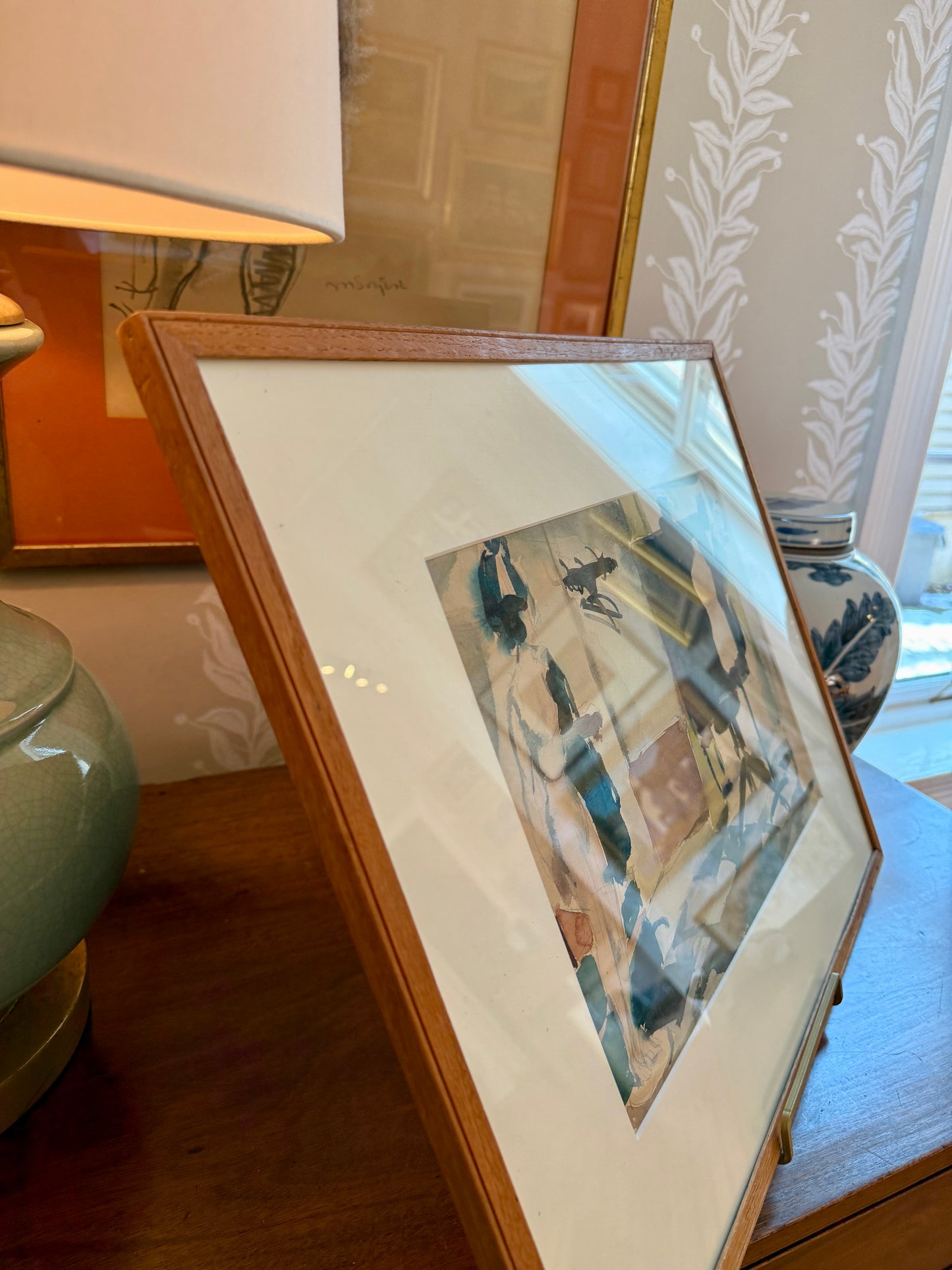 Willem Kouwer Boomkens Mid Century Watercolour of a Fashion Studio Atelier in Wood Frame