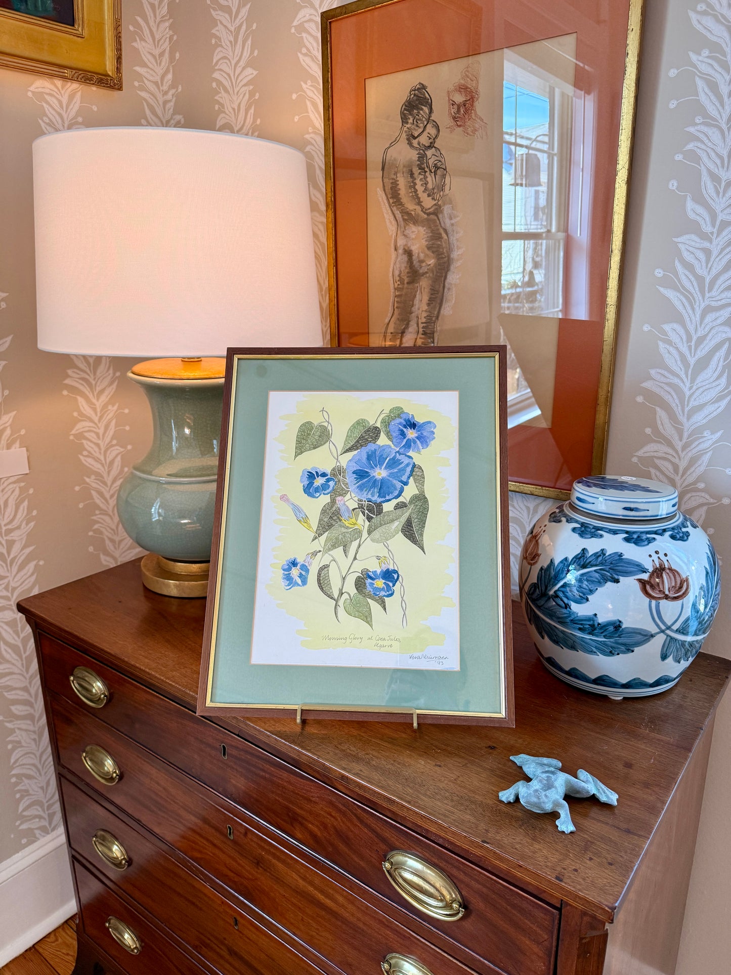 Vera Neumann Morning Glory at Casa Jules Botanical Watercolor Painting in Wood and Gilded Frame
