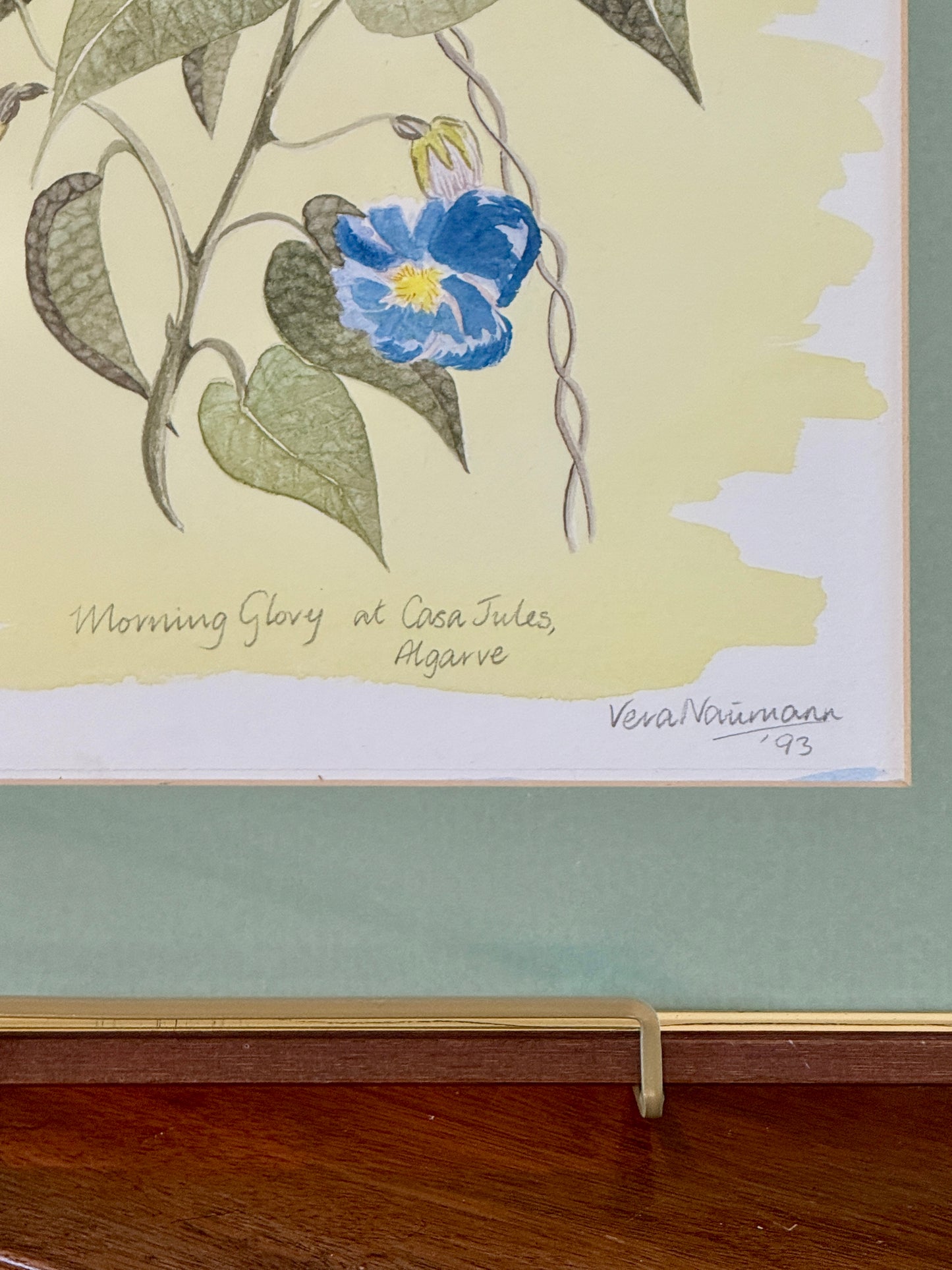 Vera Neumann Morning Glory at Casa Jules Botanical Watercolor Painting in Wood and Gilded Frame