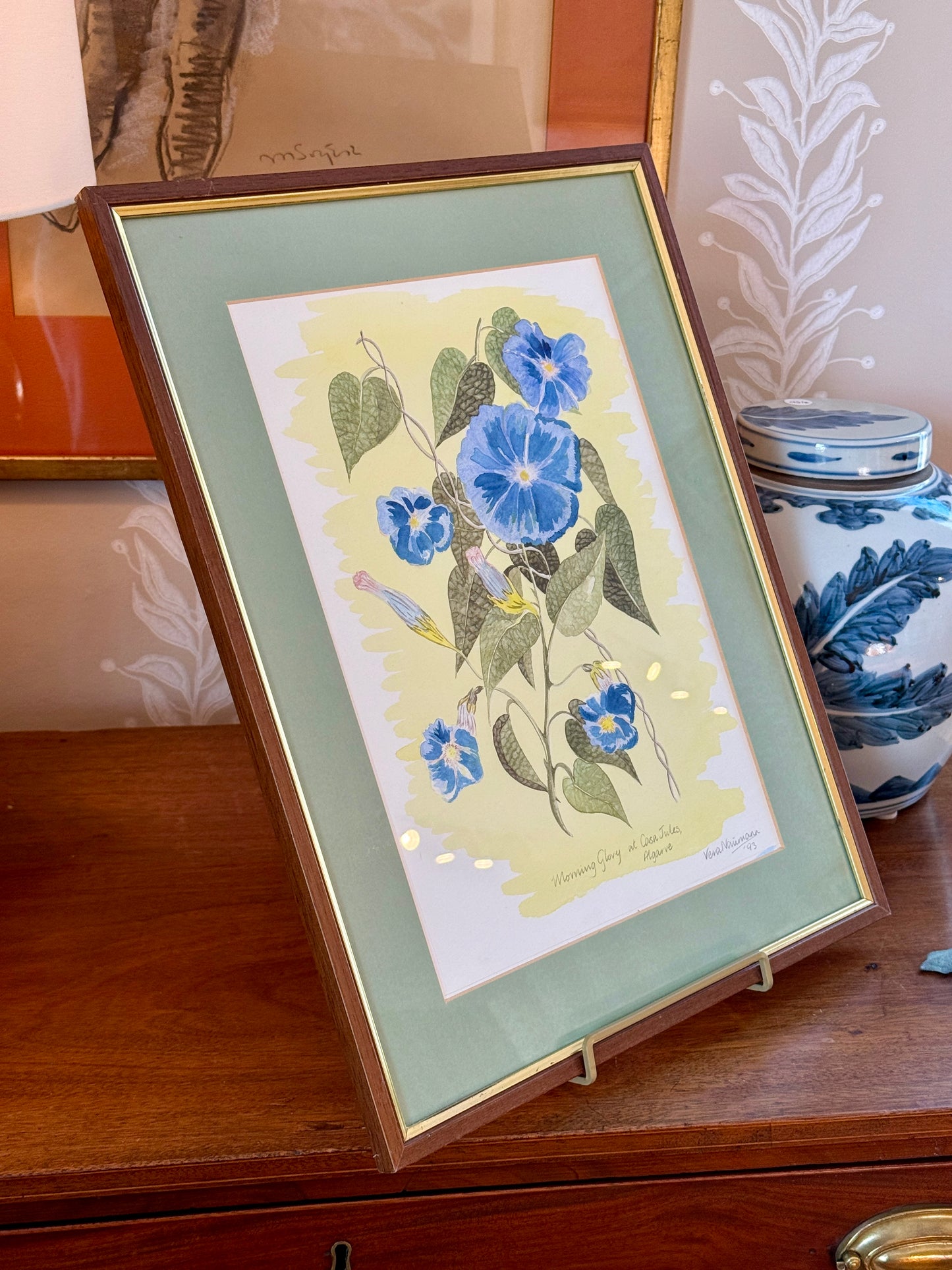 Vera Neumann Morning Glory at Casa Jules Botanical Watercolor Painting in Wood and Gilded Frame