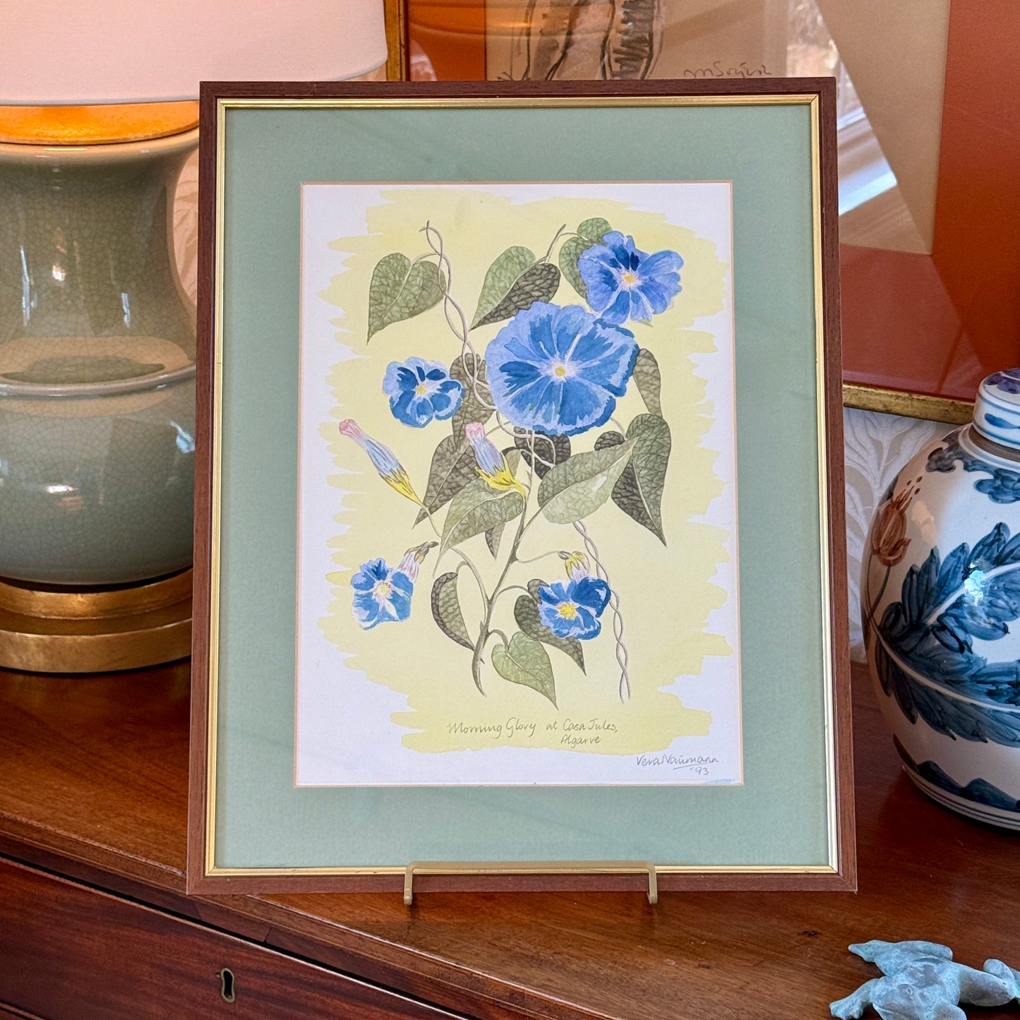 Vera Neumann Morning Glory at Casa Jules Botanical Watercolor Painting in Wood and Gilded Frame