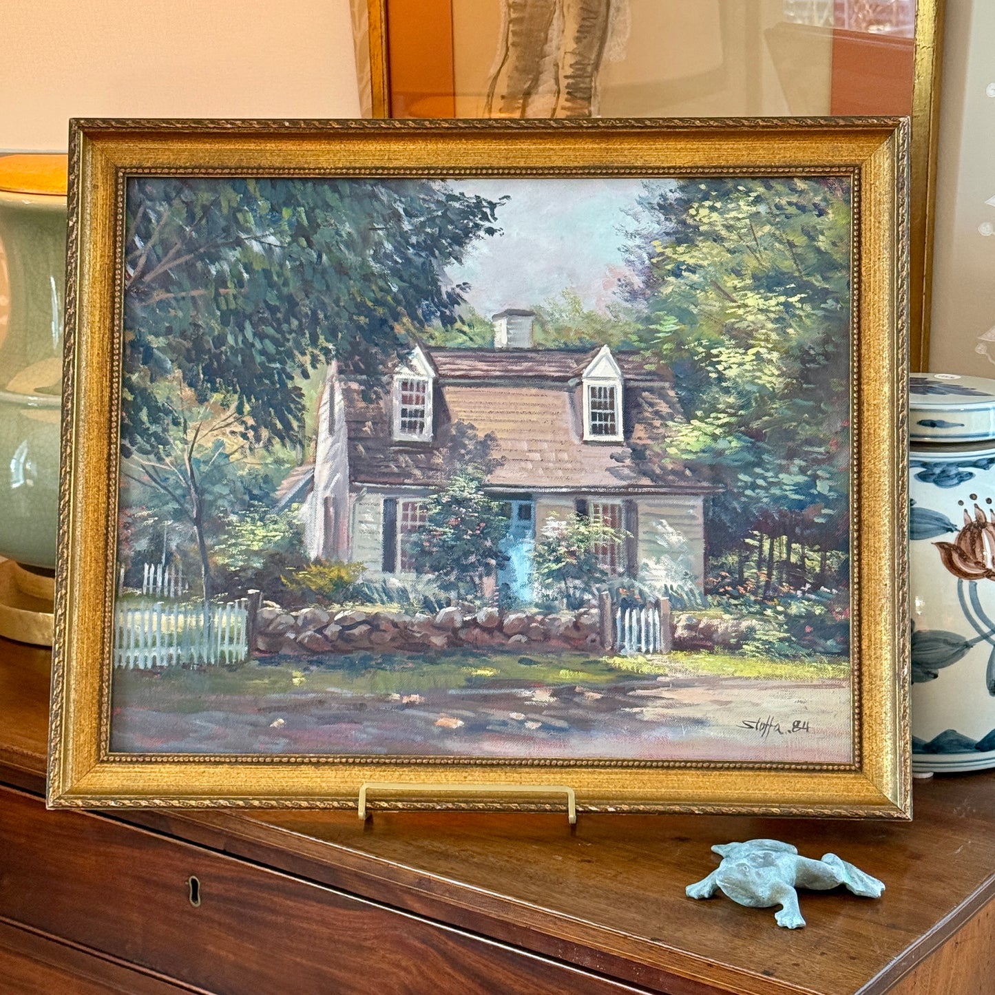Michael Stoffa Cape Cod Picket Fence House Portrait Oil Painting in Gold Frame