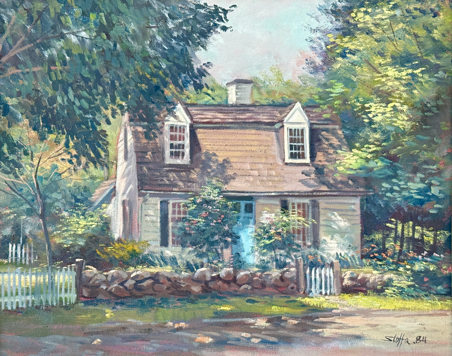 Michael Stoffa Cape Cod Picket Fence House Portrait Oil Painting in Gold Frame