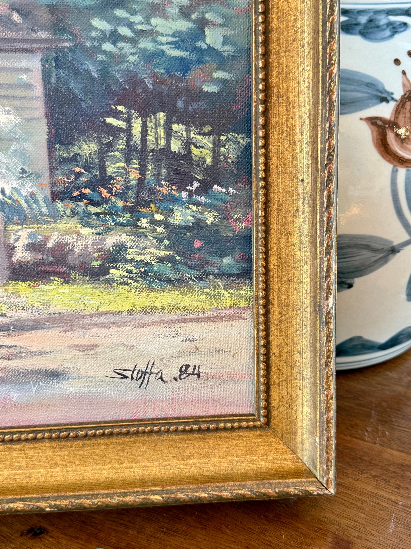 Michael Stoffa Cape Cod Picket Fence House Portrait Oil Painting in Gold Frame