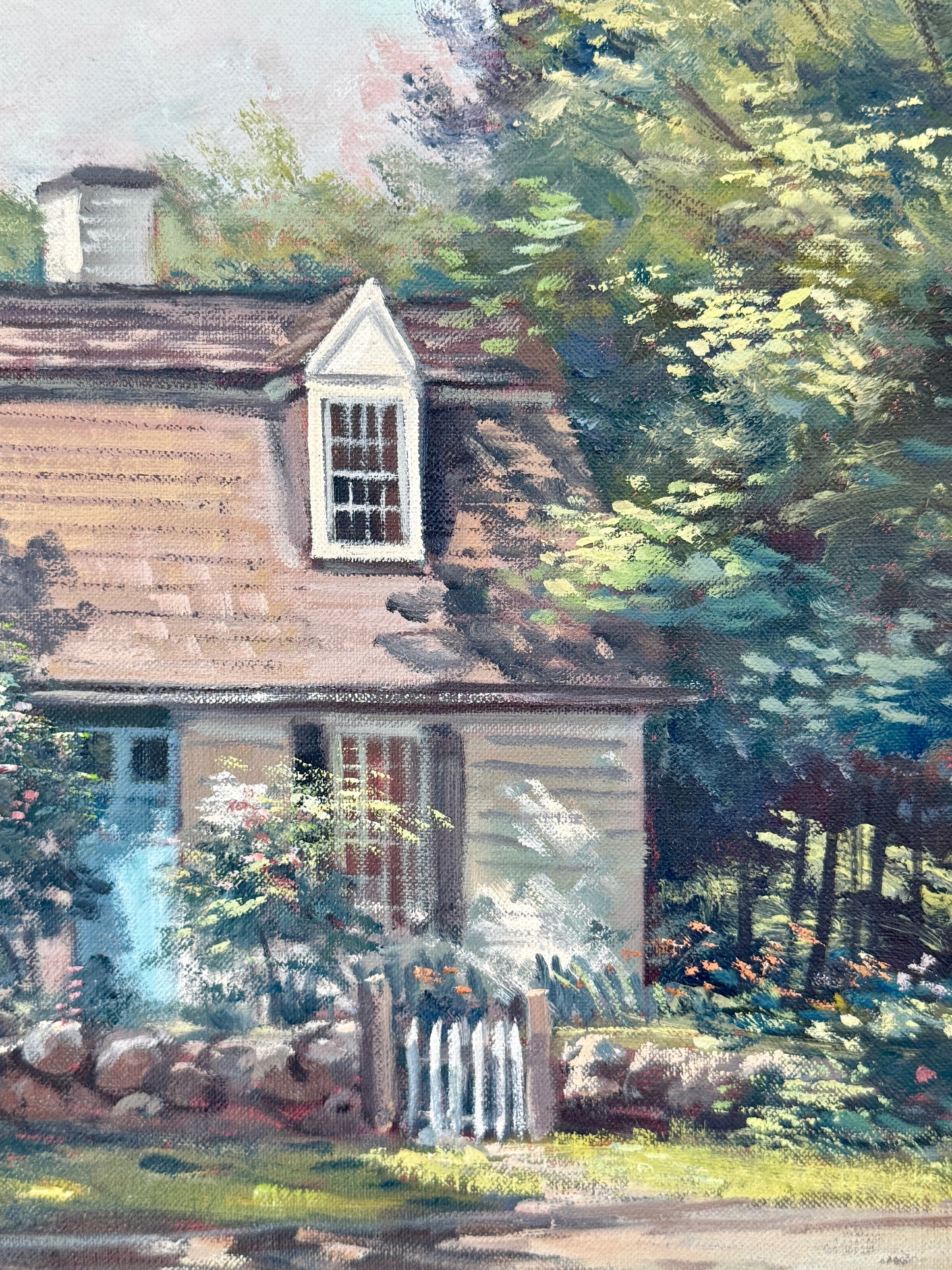 Michael Stoffa Cape Cod Picket Fence House Portrait Oil Painting in Gold Frame