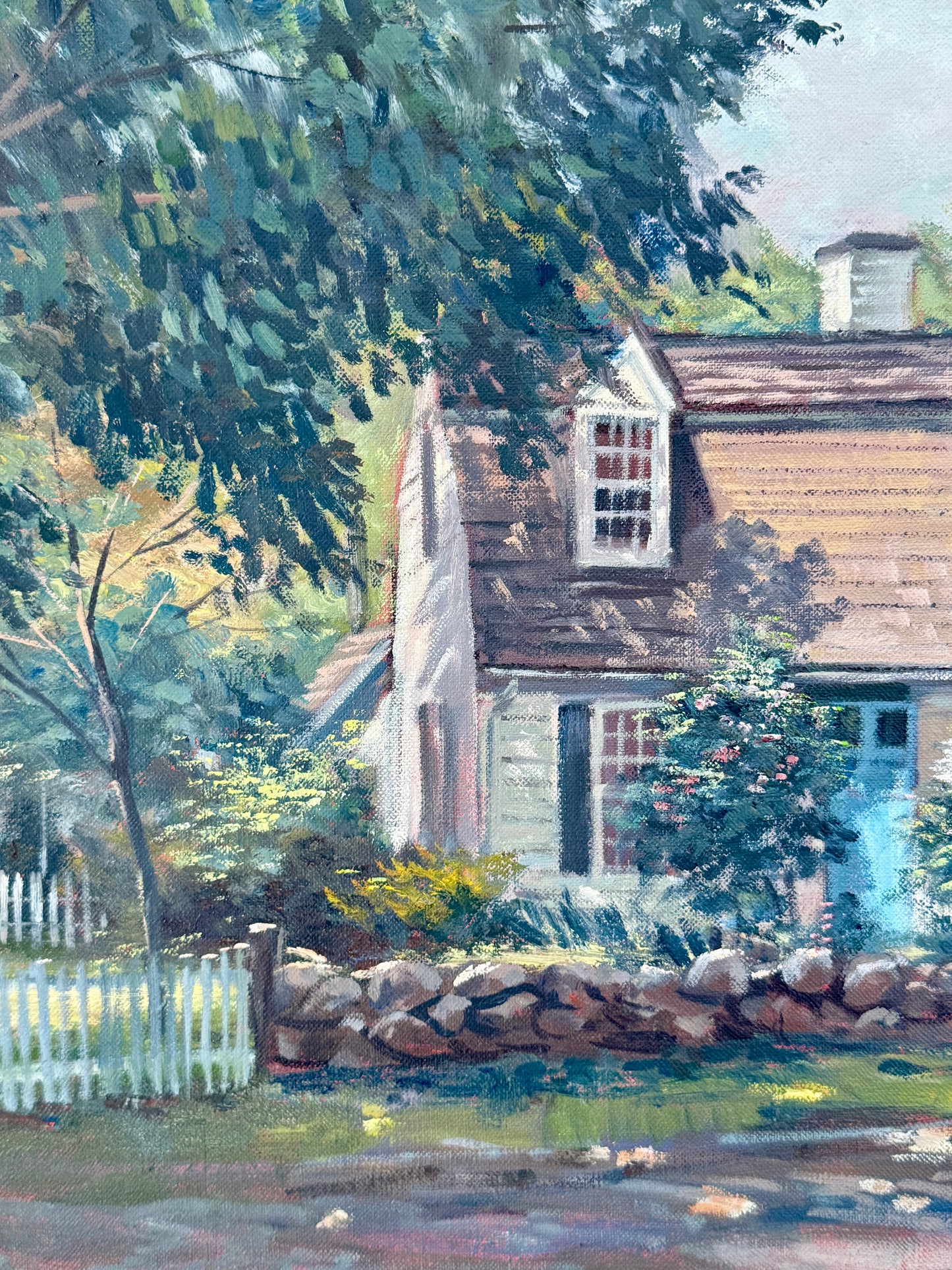 Michael Stoffa Cape Cod Picket Fence House Portrait Oil Painting in Gold Frame