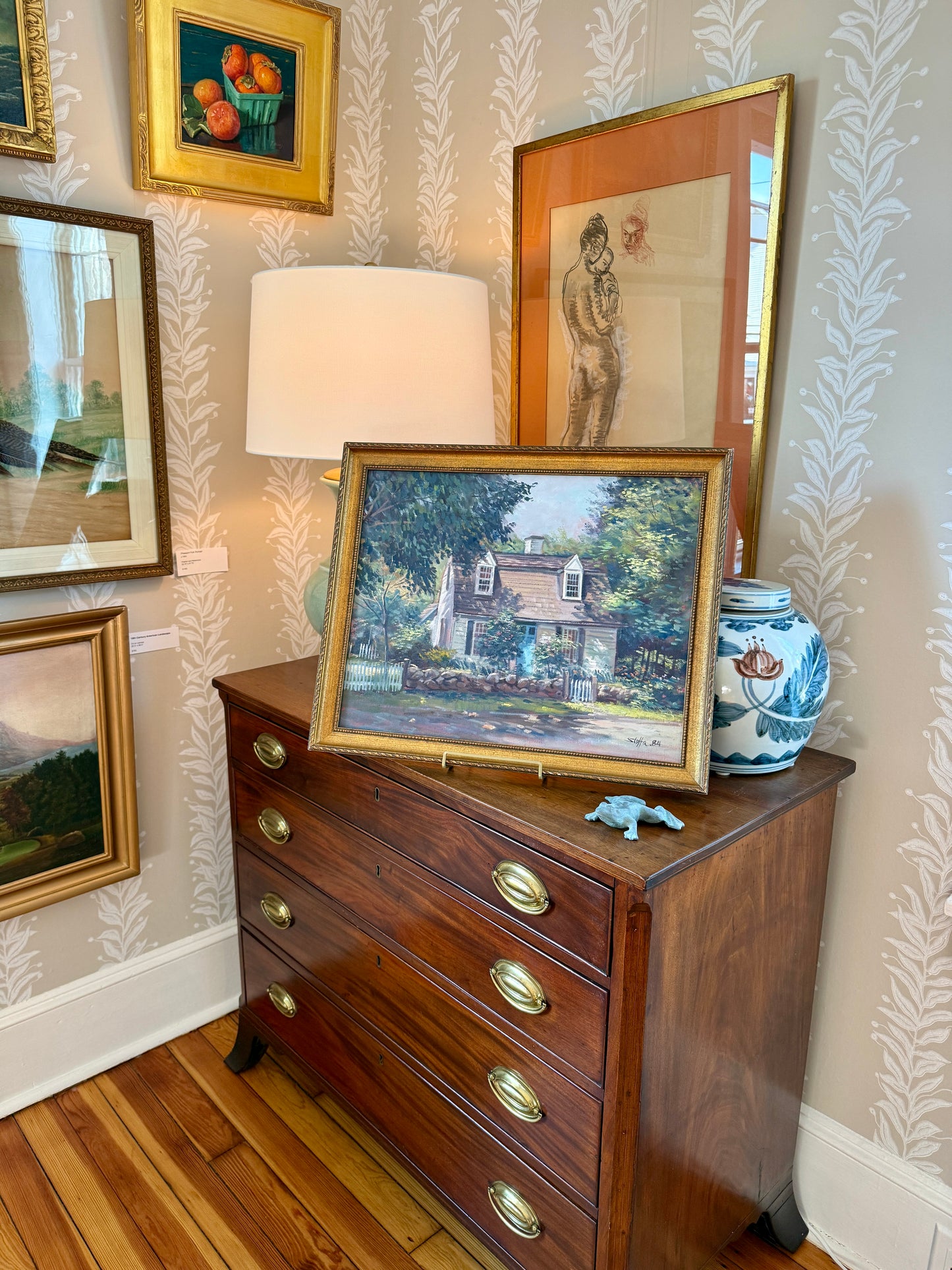 Michael Stoffa Cape Cod Picket Fence House Portrait Oil Painting in Gold Frame