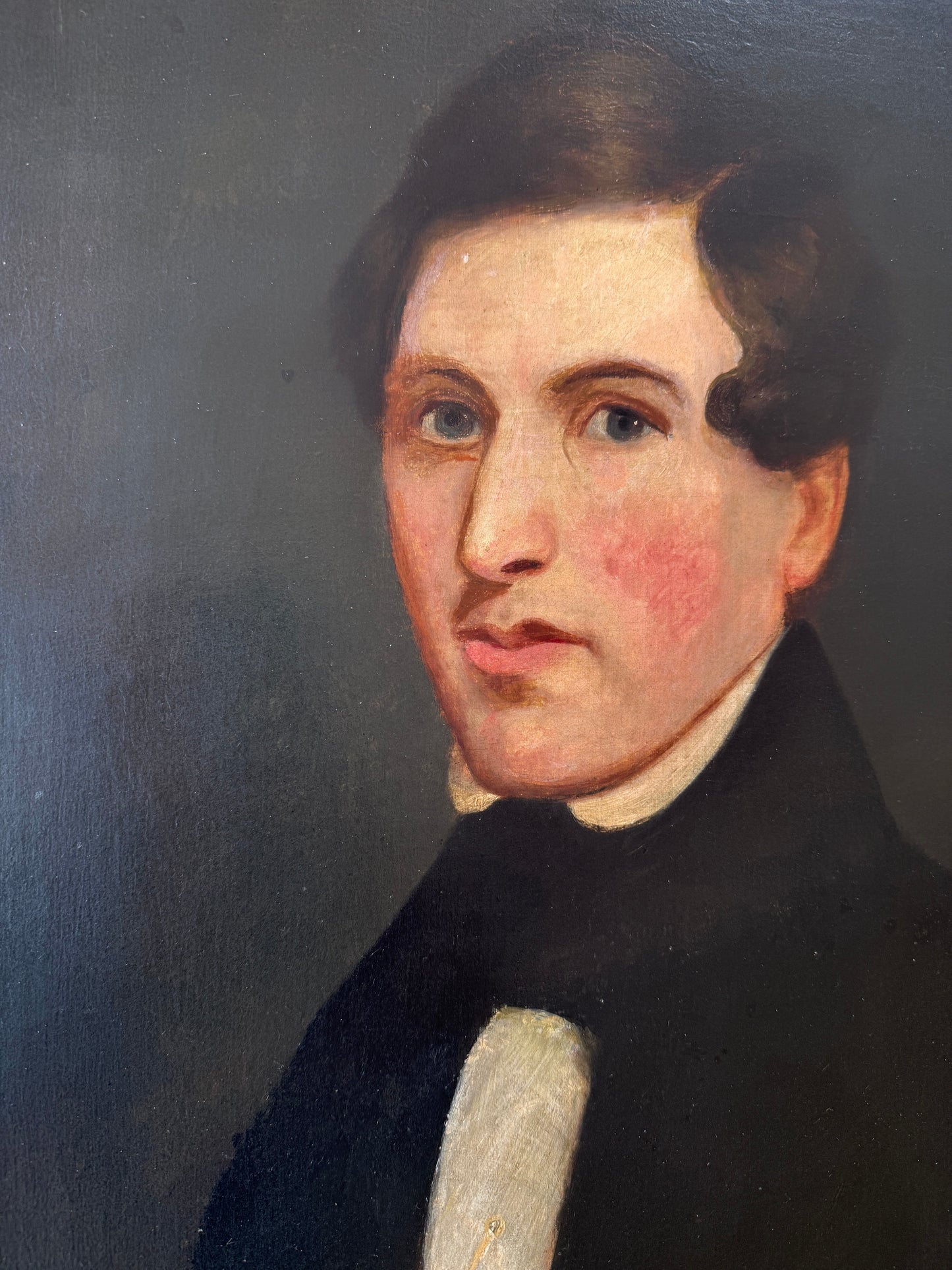 American 19th C. Portrait of a Gentleman Oil Painting in Grained Wood Frame