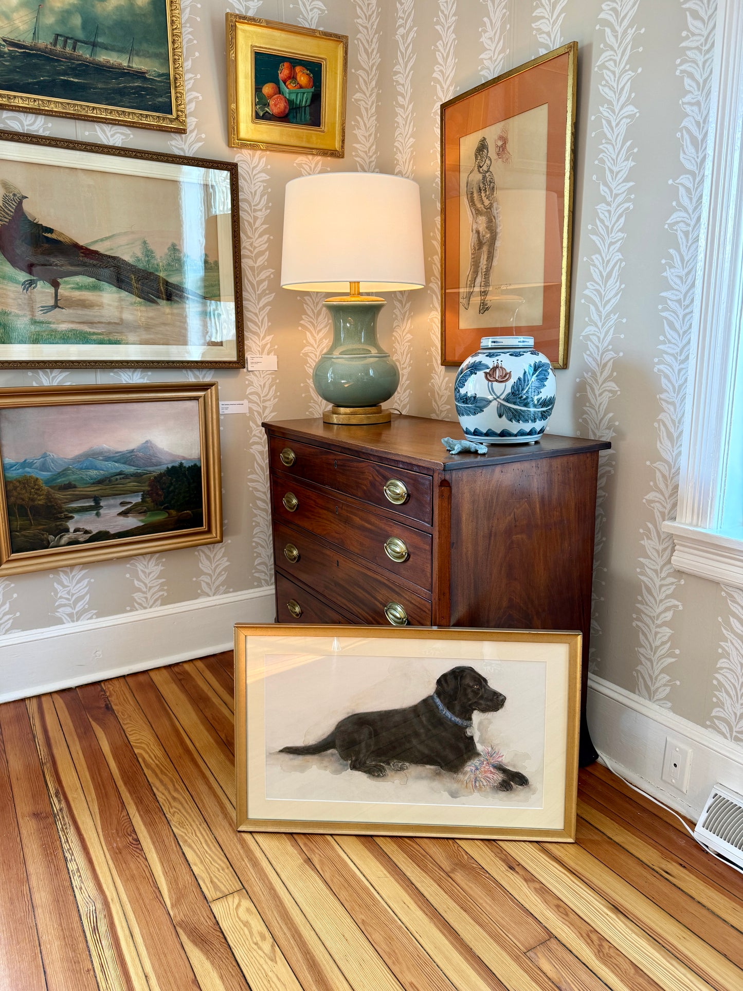 Black "Lab" Labrador Retriever Pastel Dog Portrait Painting in Gold Frame