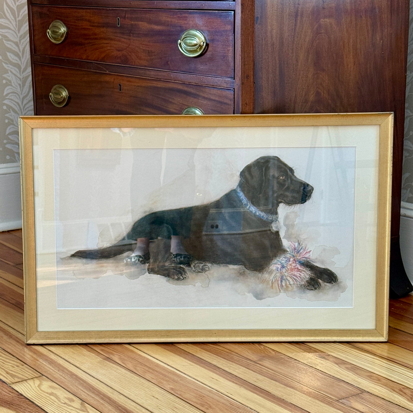 Black "Lab" Labrador Retriever Pastel Dog Portrait Painting in Gold Frame