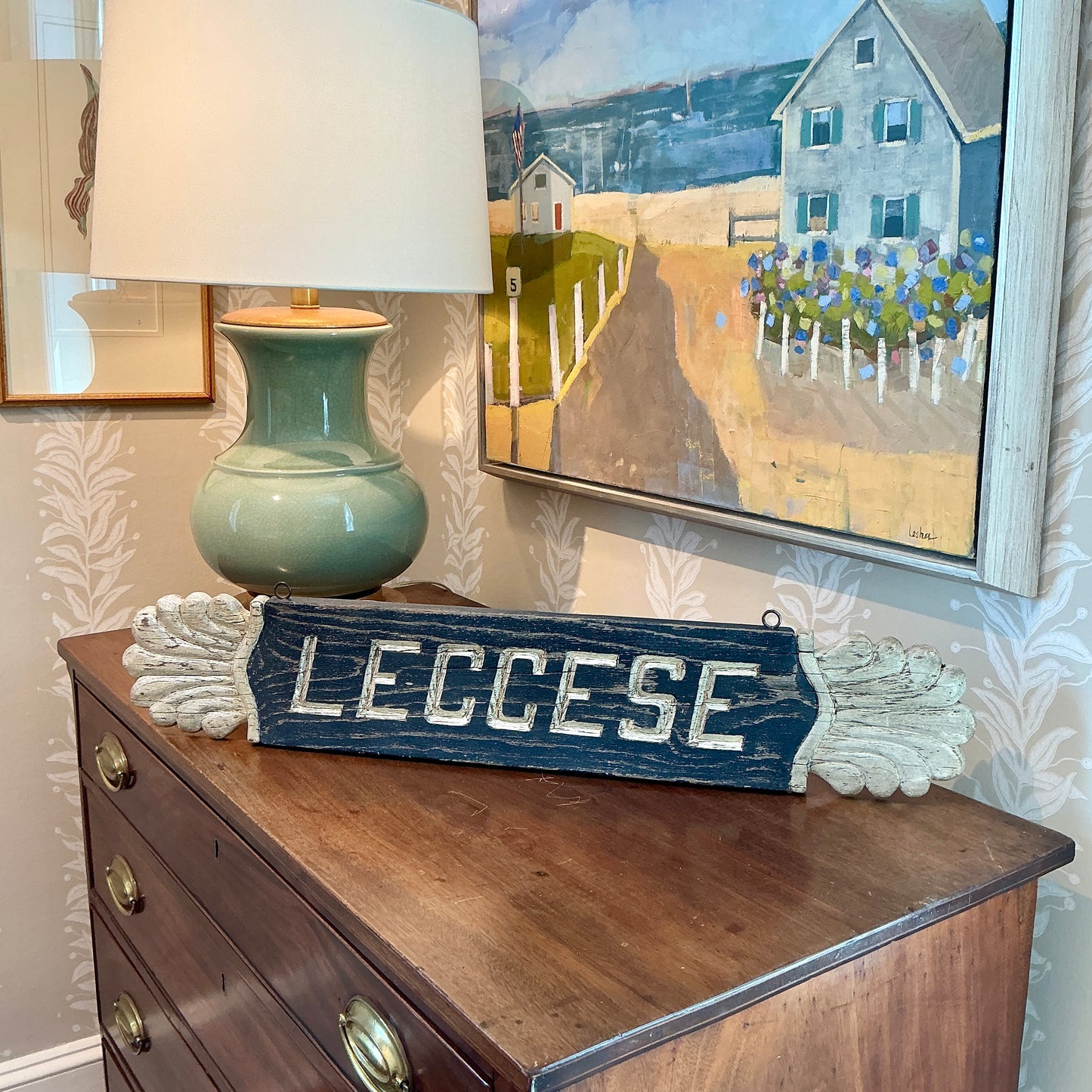 Vintage New England House Quarterboard "Leccese" Hand Carved Wood Sign