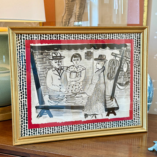1920s Couple at City Fruit Stand Grisaille Tonal Watercolor Painting on Dotty Black and White Fabric in Vintage Gold Frame