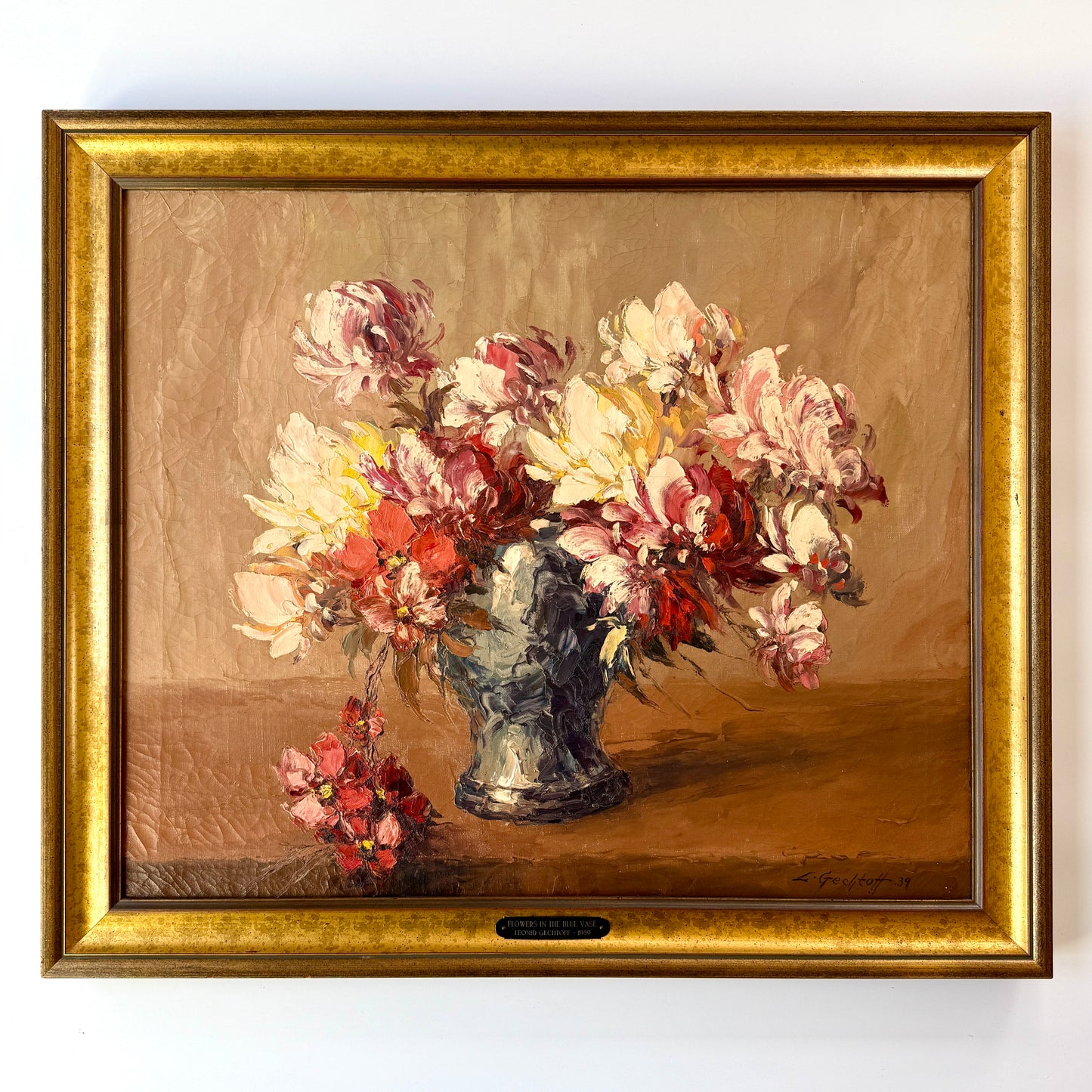 Leonid Gechtoff 1939 Flowers in the Blue Vase Still Life Oil Painting in Gold Frame
