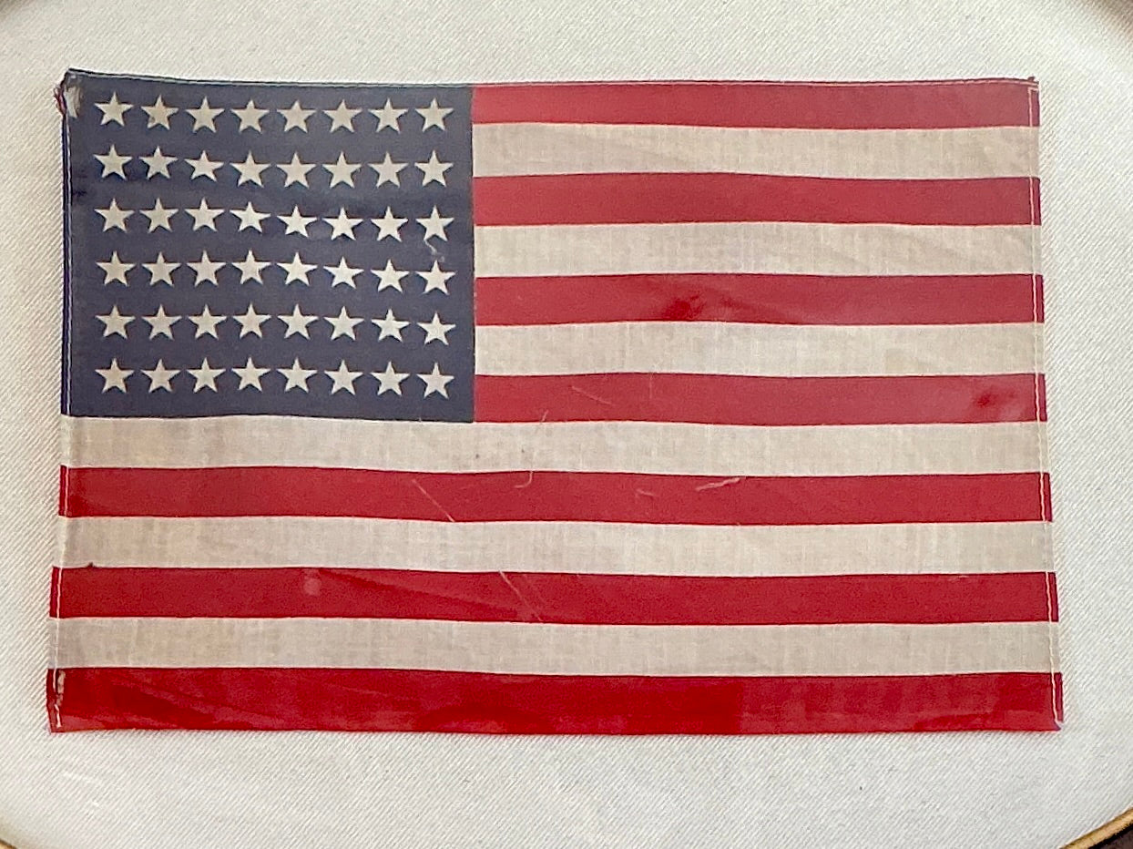 Vintage 48 Star American Flag on Sail Cloth in 1930s Oval Wood and Gilded Frame under Convex Glass