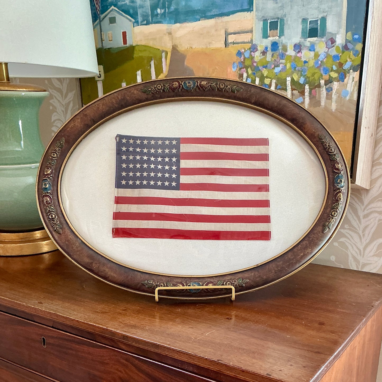 Vintage 48 Star American Flag on Sail Cloth in 1930s Oval Wood and Gilded Frame under Convex Glass