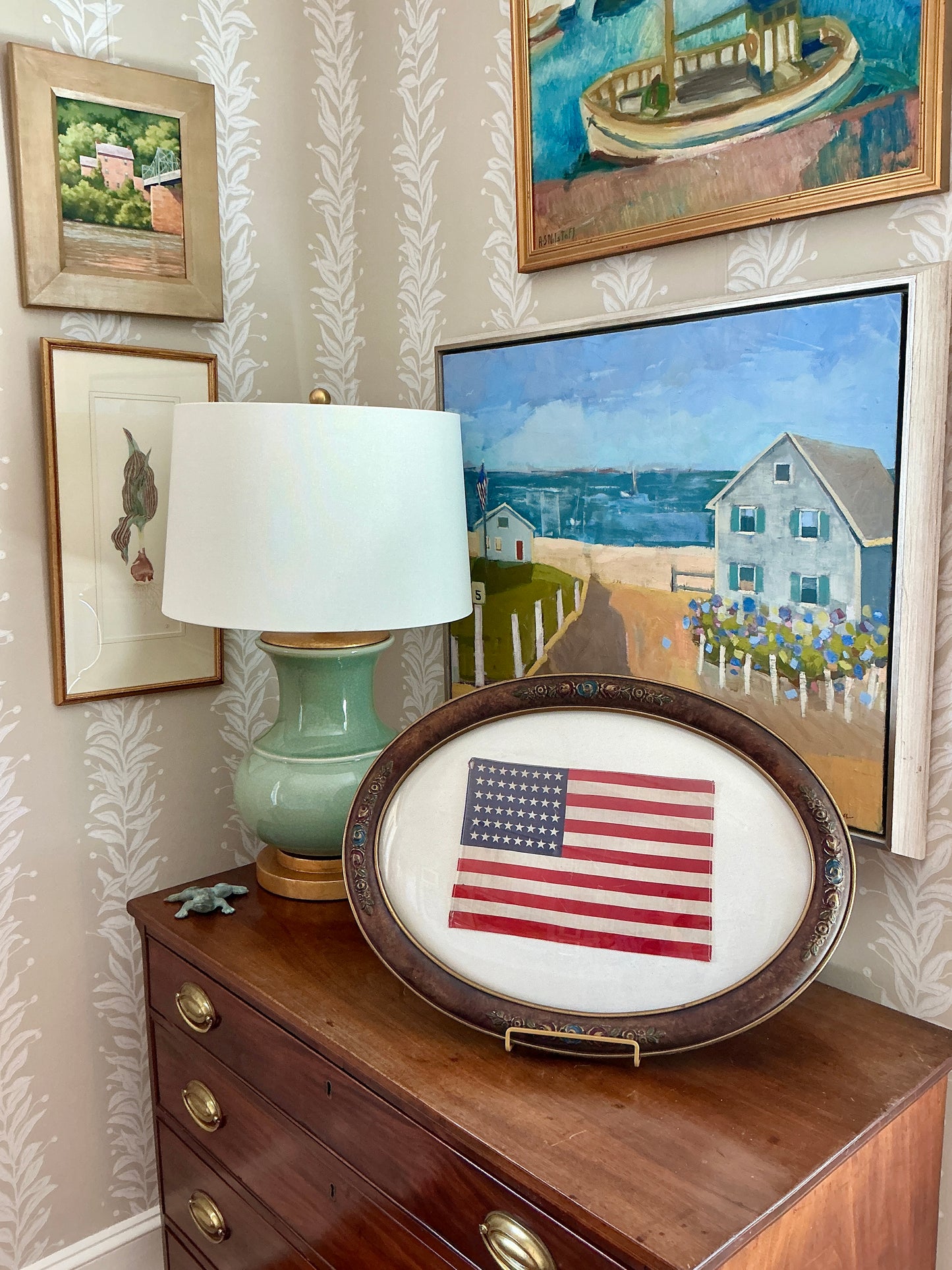 Vintage 48 Star American Flag on Sail Cloth in 1930s Oval Wood and Gilded Frame under Convex Glass